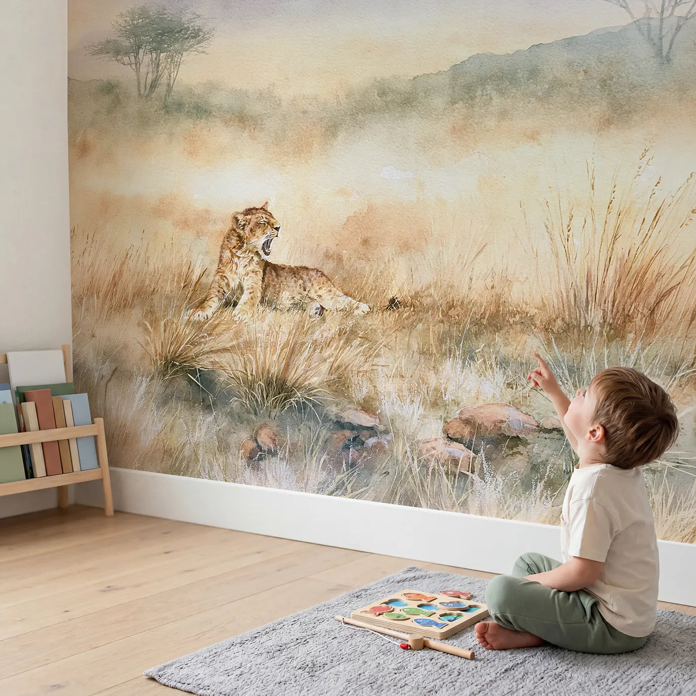 Child in nursery with Dawn Yawning Cub Wallpaper Mural by Whimsy Tots