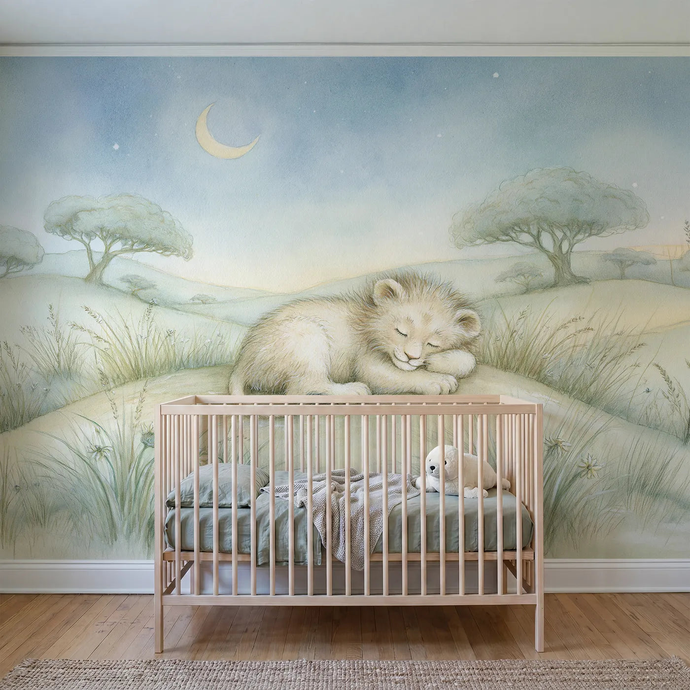Storybook wall mural of a lion cub in a nightcap by Whimsy Tots