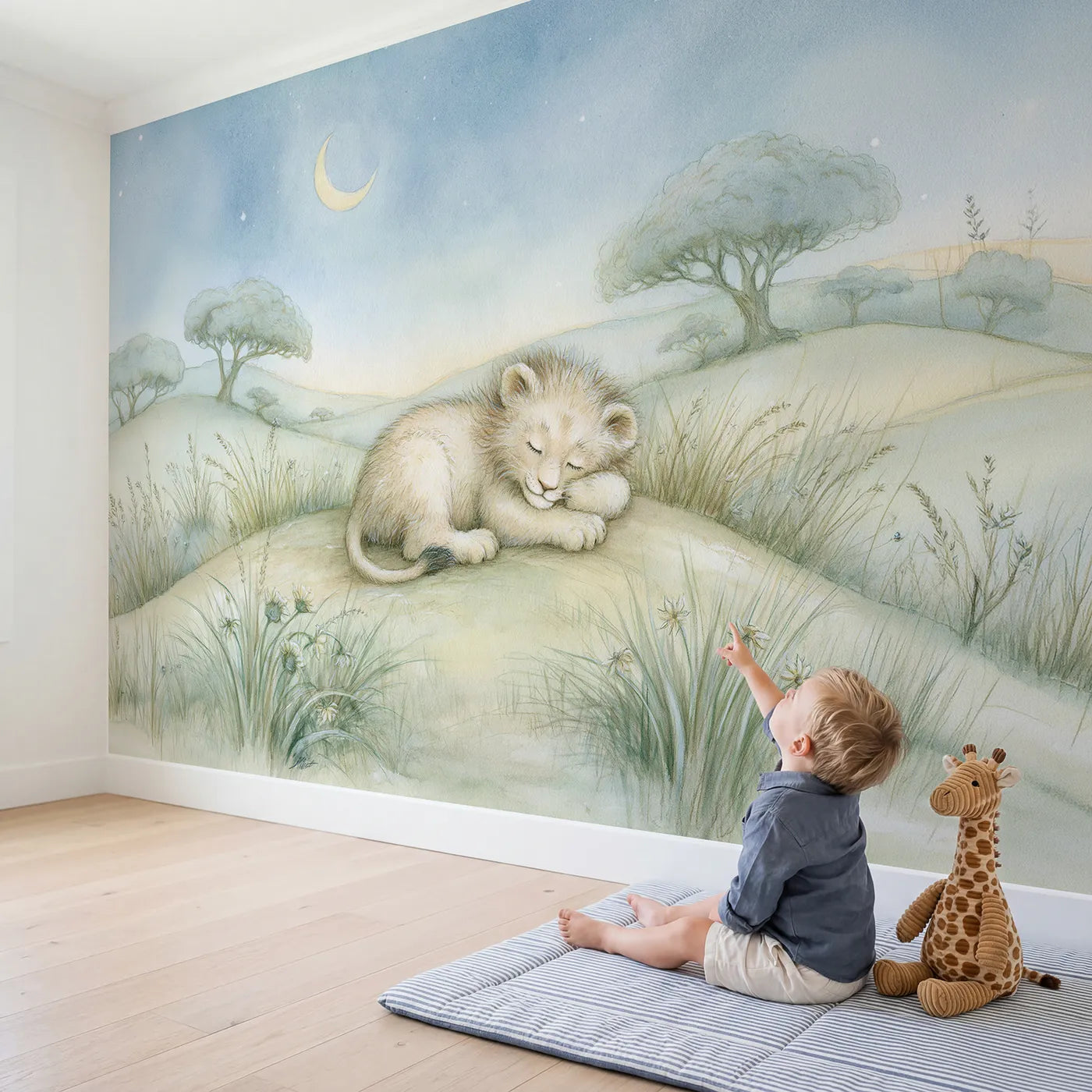 Child in nursery with Bedtime Lion Cub Wallpaper Mural by Whimsy Tots