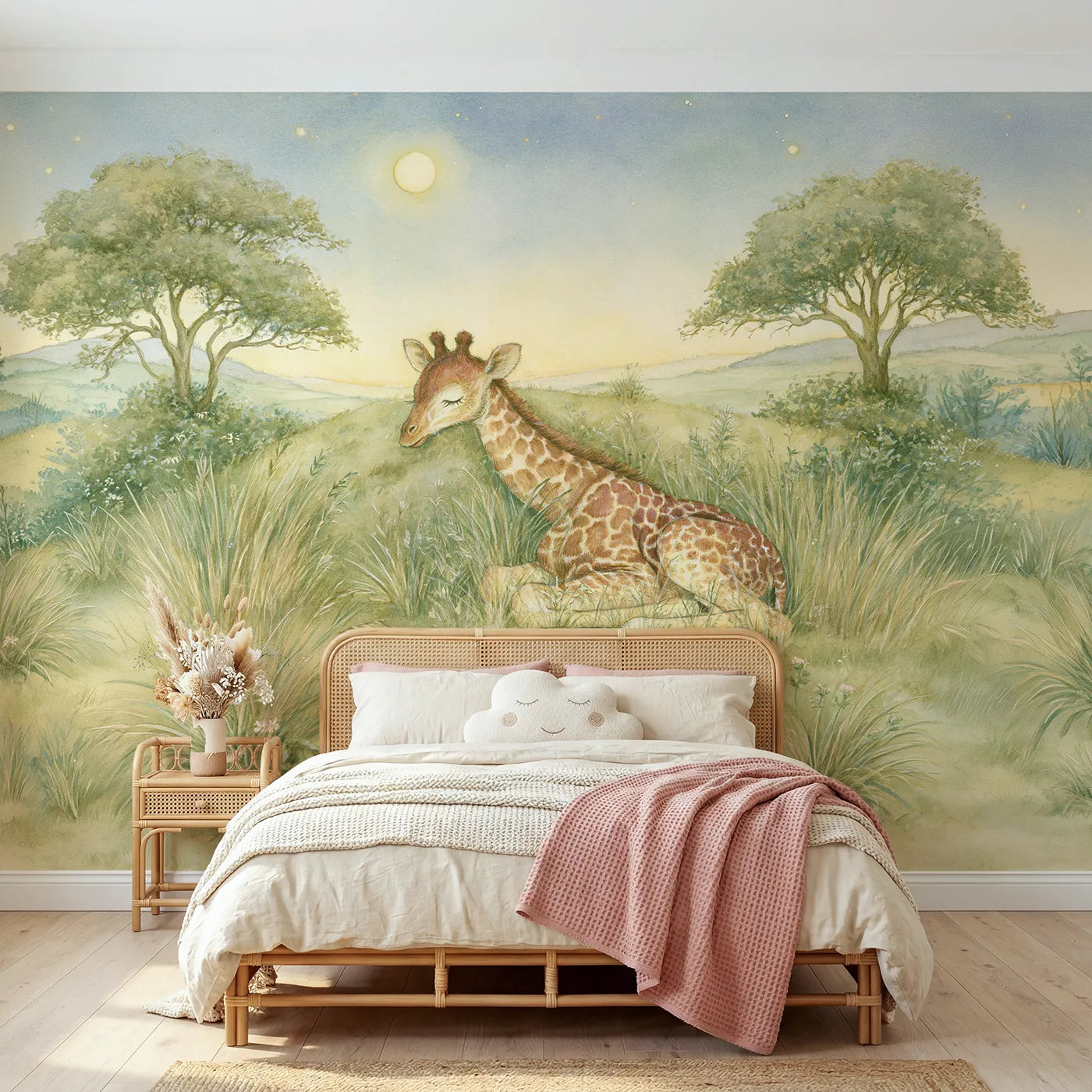 Storybook wall mural of a giraffe under a tiny blanket by Whimsy Tots