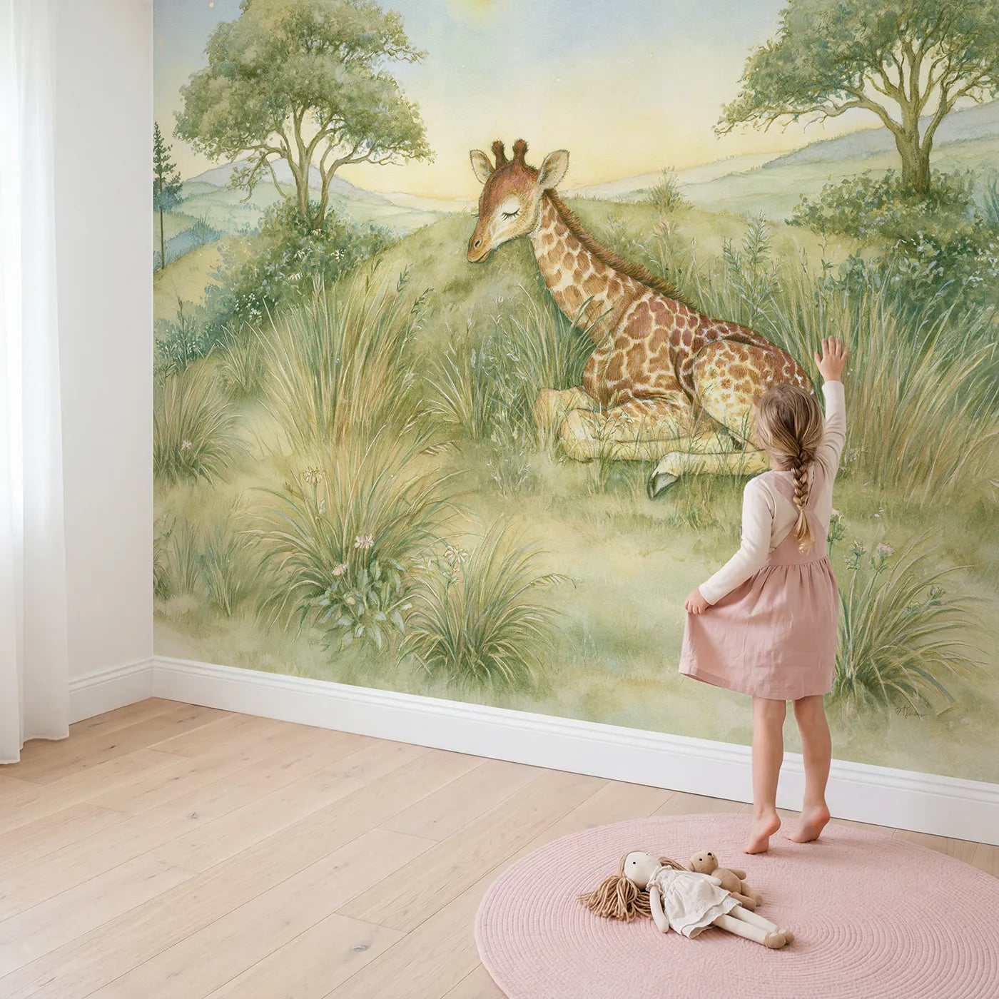 Child in nursery with Tucked In Giraffe Wallpaper Mural by Whimsy Tots