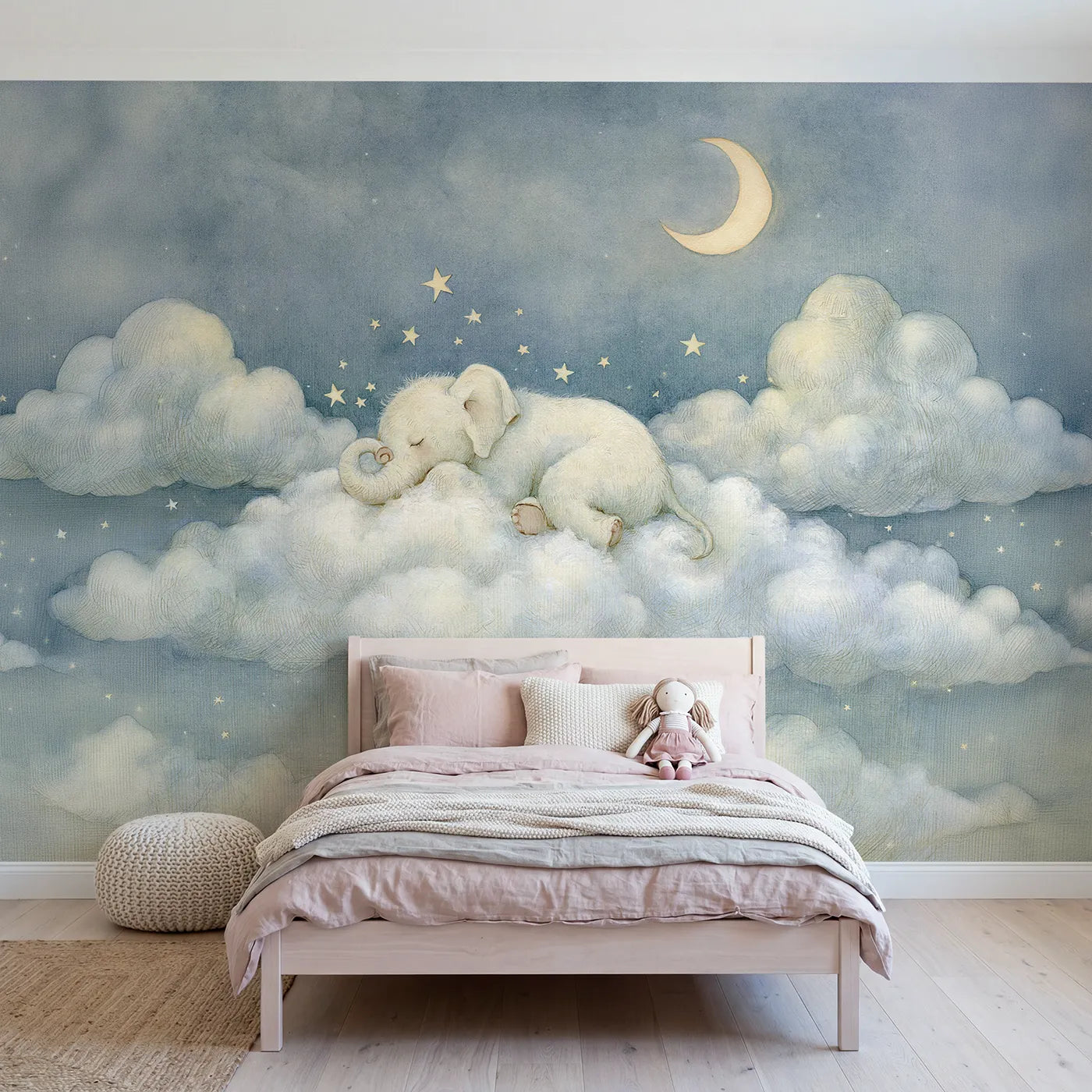 Storybook wall mural of an elephant with a star pillow by Whimsy Tots