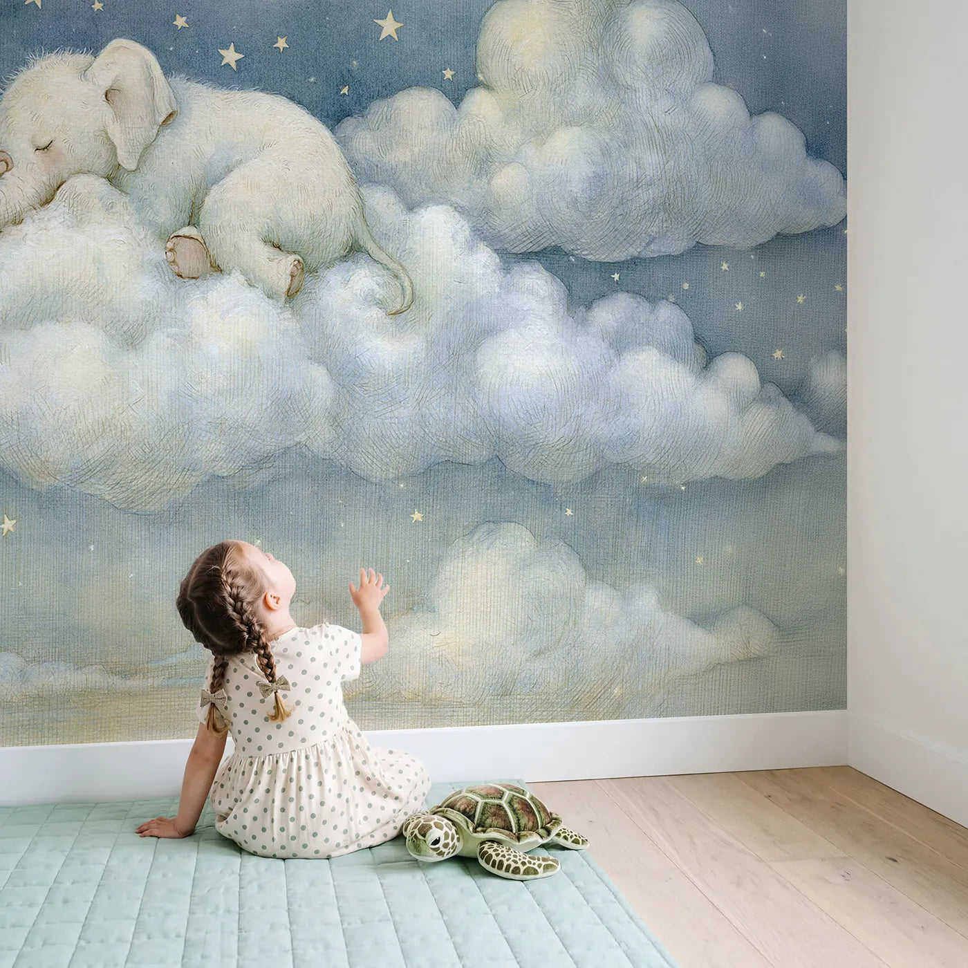 Child in nursery with Elephant Star Pillow Wallpaper Mural by Whimsy Tots