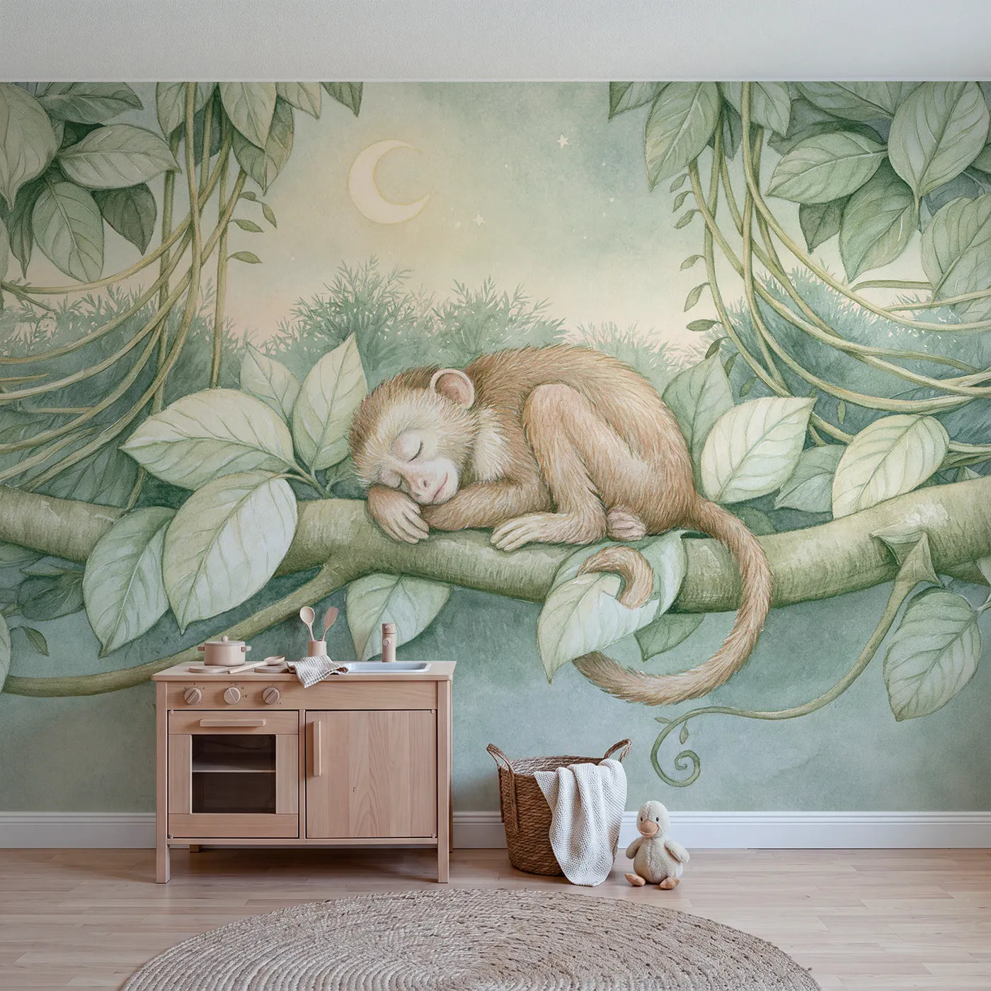Storybook wall mural of a monkey reading at bedtime by Whimsy Tots