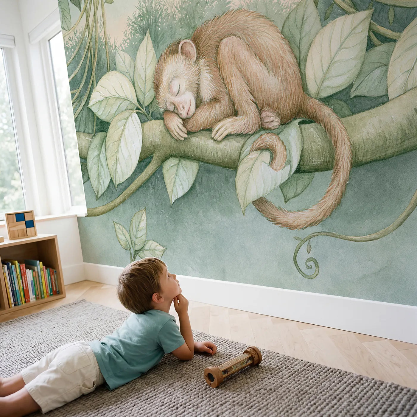 Child in nursery with Bedtime Story Monkey Wallpaper Mural by Whimsy Tots