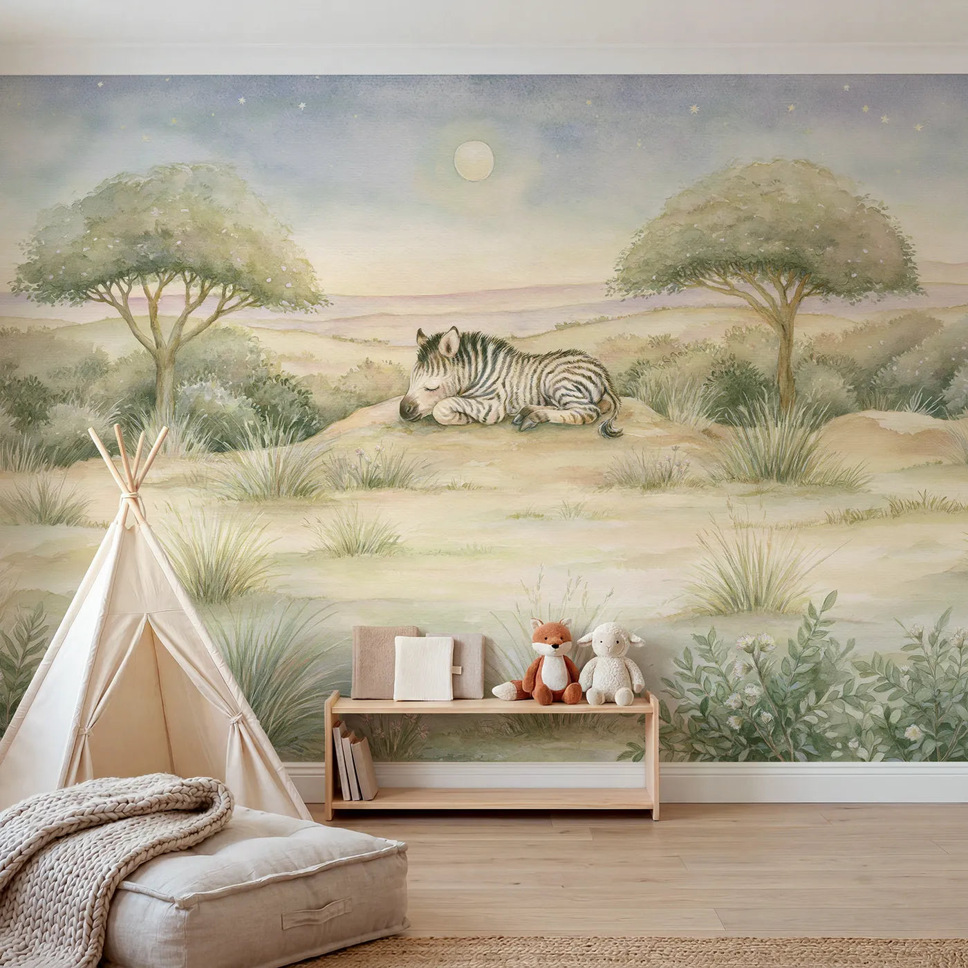 Storybook wall mural of a baby zebra with a bedtime toy by Whimsy Tots