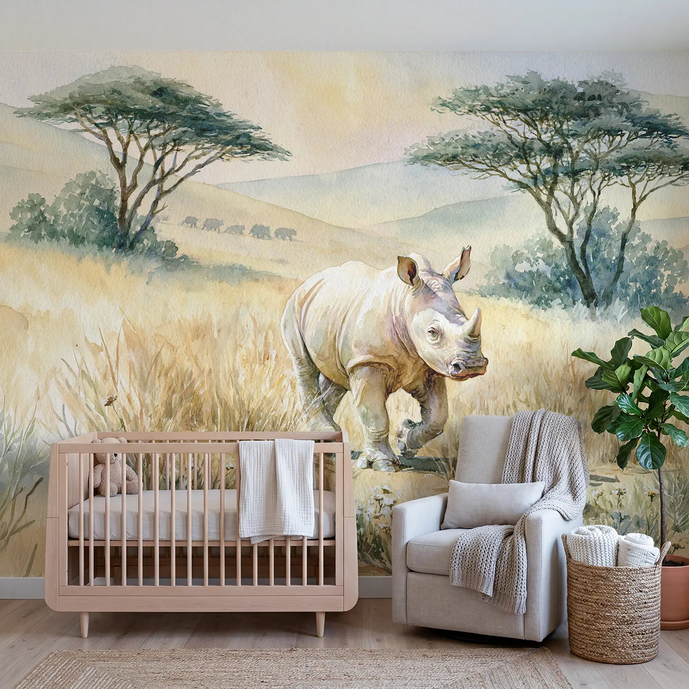 Watercolor wall mural of a baby rhino taking first steps by Whimsy Tots