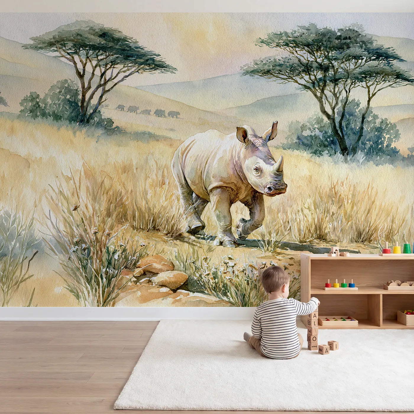 Child in nursery with Baby Rhino Steps Wallpaper Mural by Whimsy Tots