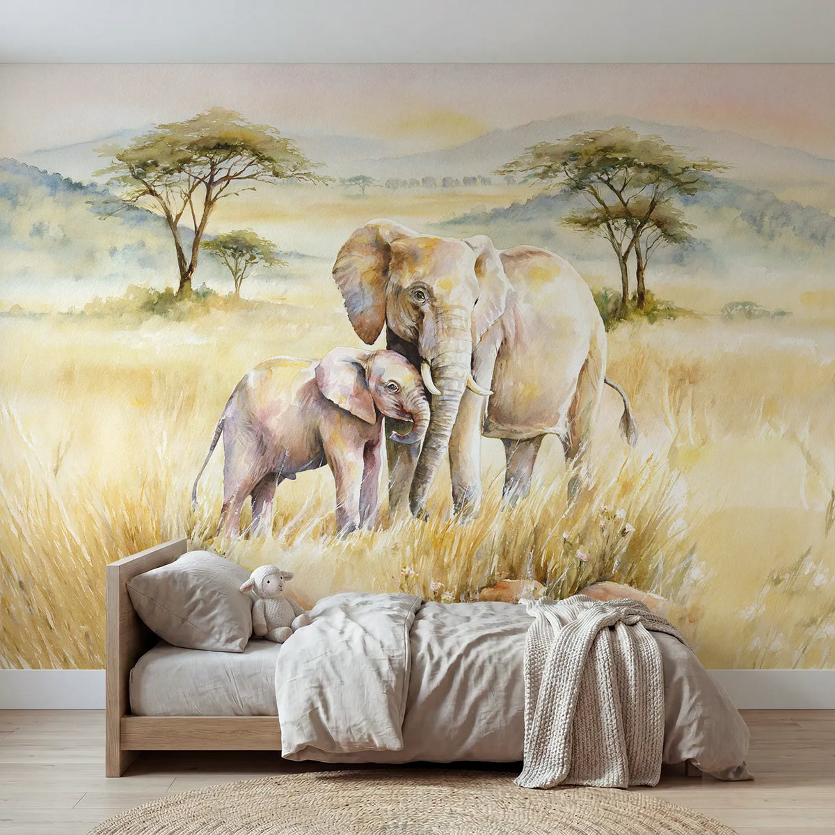 Watercolor wall mural of an elephant trunk hug by Whimsy Tots