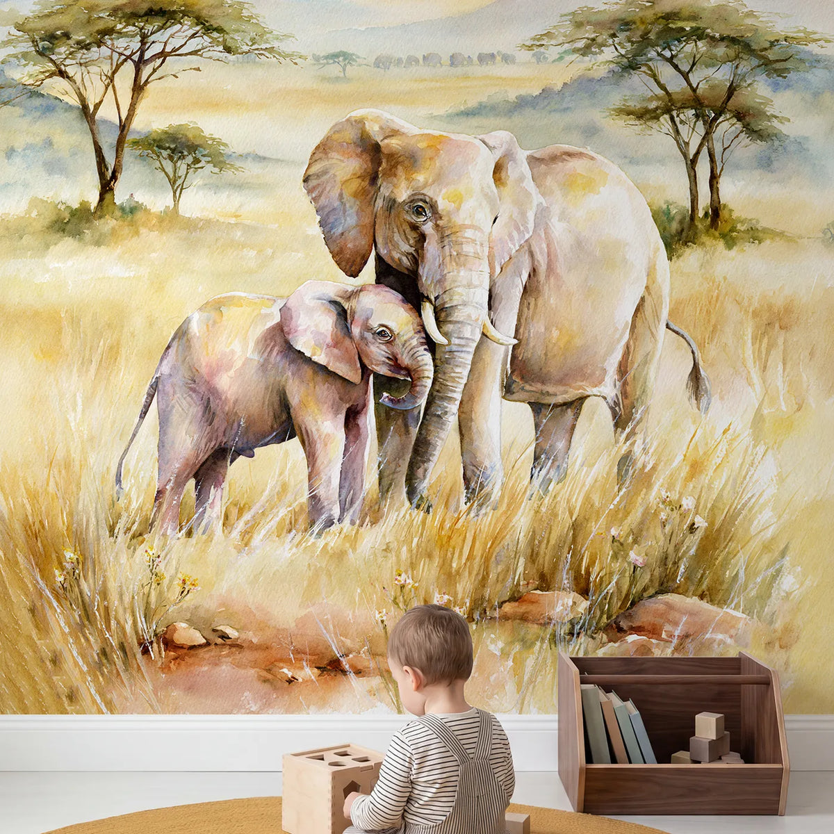 Child in nursery with Elephant Trunk Hug Wallpaper Mural by Whimsy Tots