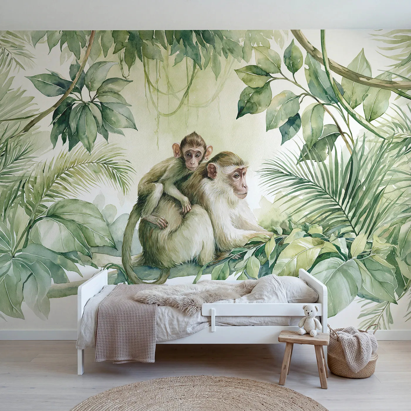 Watercolor wall mural of a baby monkey and mother by Whimsy Tots