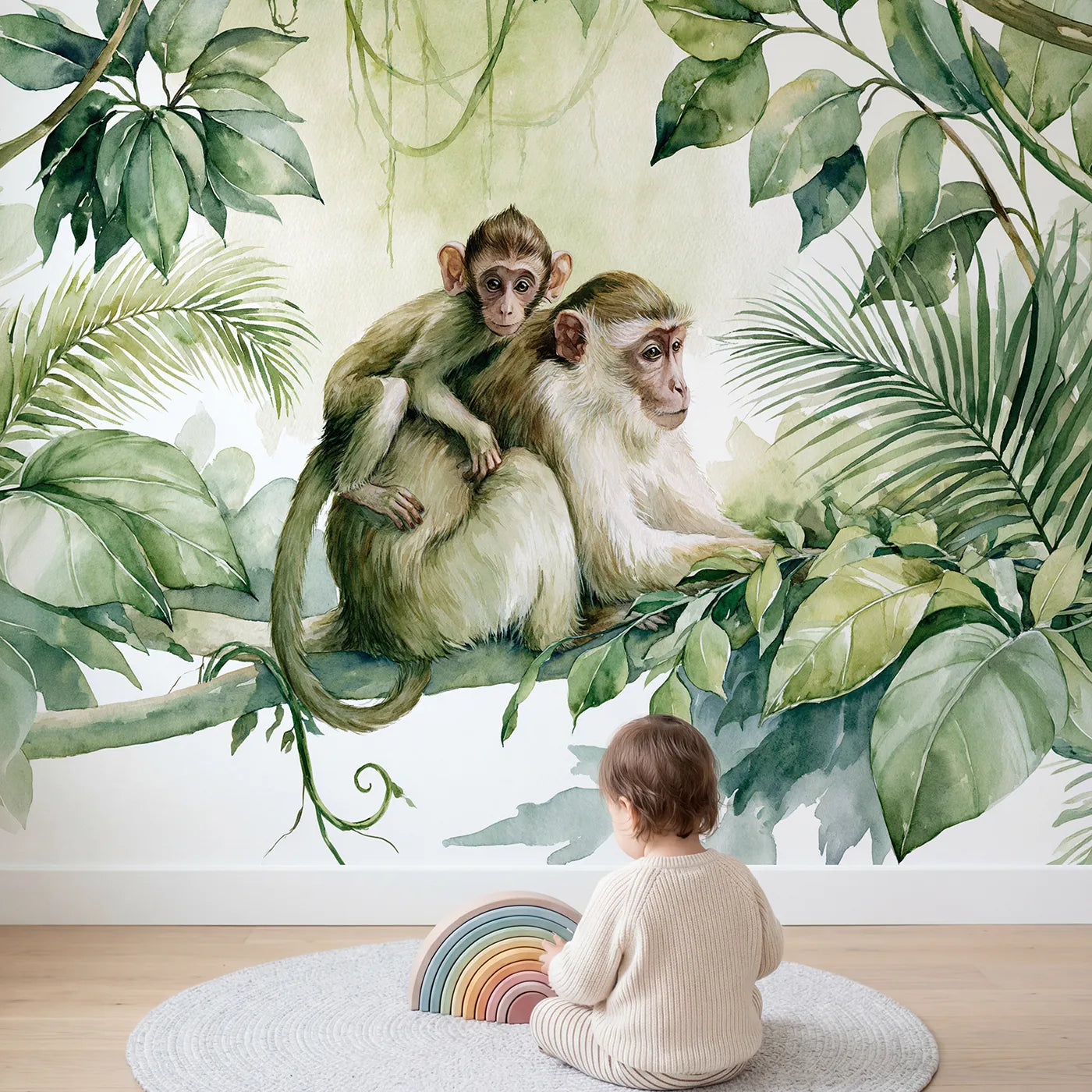 Child in nursery with Monkey Mother Cling Wallpaper Mural by Whimsy Tots