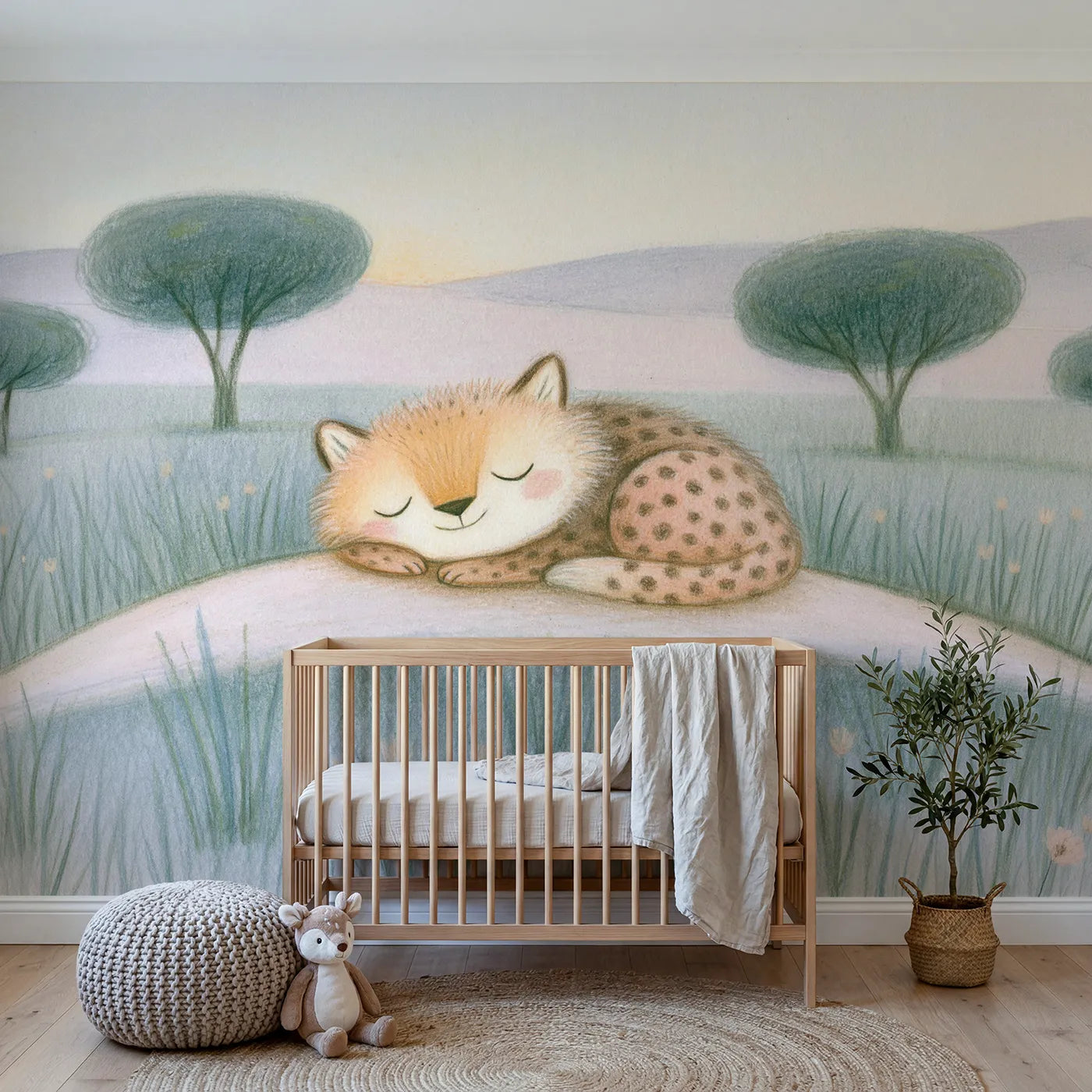 Colored-pencil wall mural of a snuggling baby cheetah by Whimsy Tots