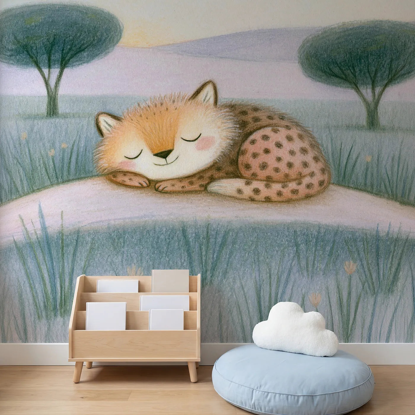 Child in nursery with Baby Cheetah Snuggle Wallpaper Mural by Whimsy Tots