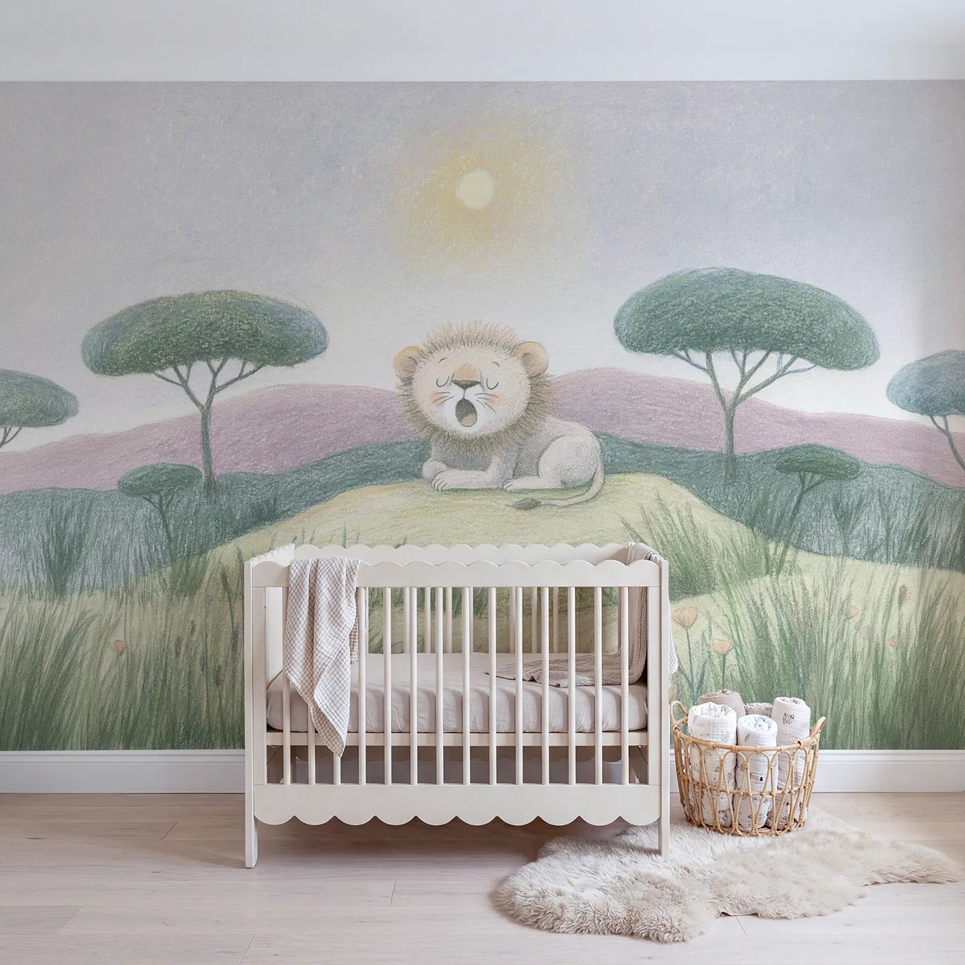 Colored-pencil wall mural of a yawning baby lion by Whimsy Tots