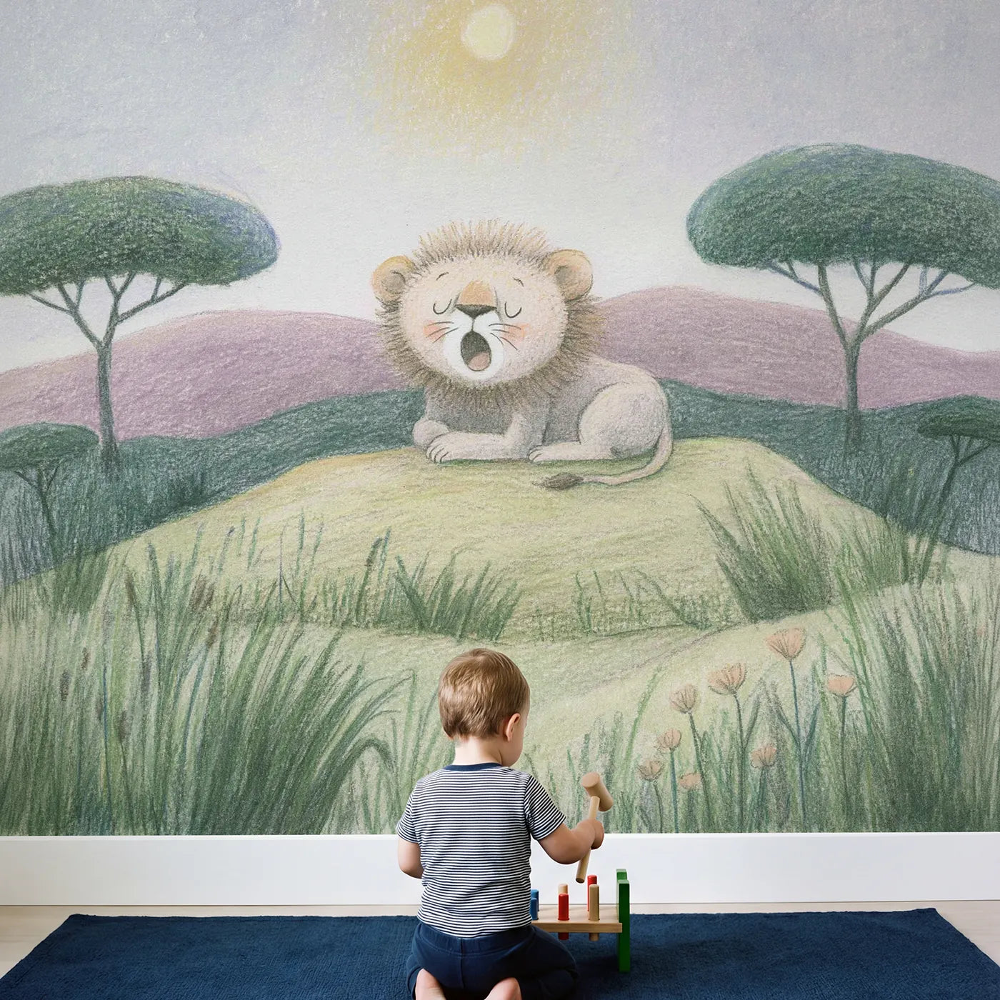 Child in nursery with Baby Lion Yawn Wallpaper Mural by Whimsy Tots