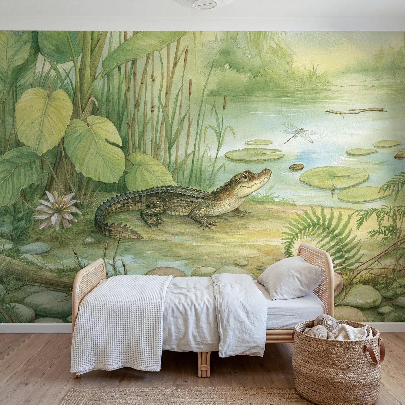 Storybook wall mural of a friendly baby crocodile by Whimsy Tots