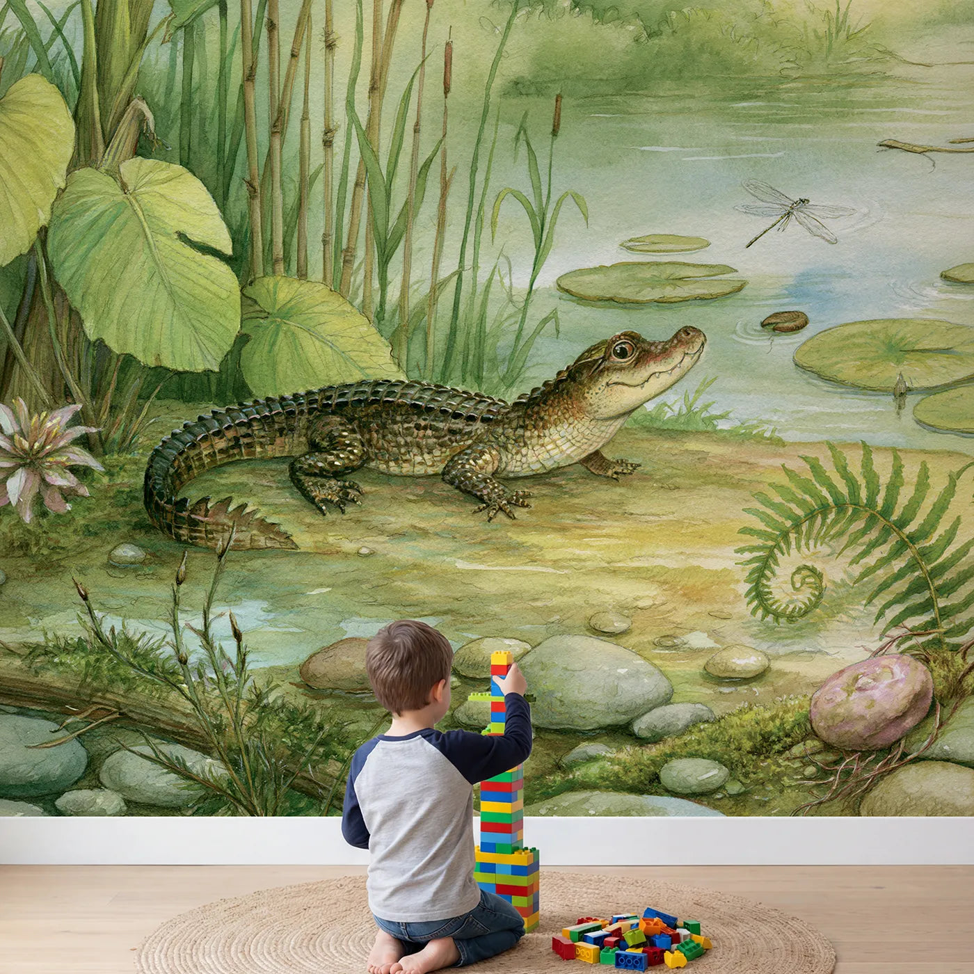 Child in nursery with Friendly Baby Crocodile Wallpaper Mural by Whimsy Tots