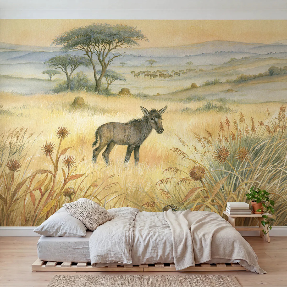 Storybook wall mural of a young wildebeest calf by Whimsy Tots