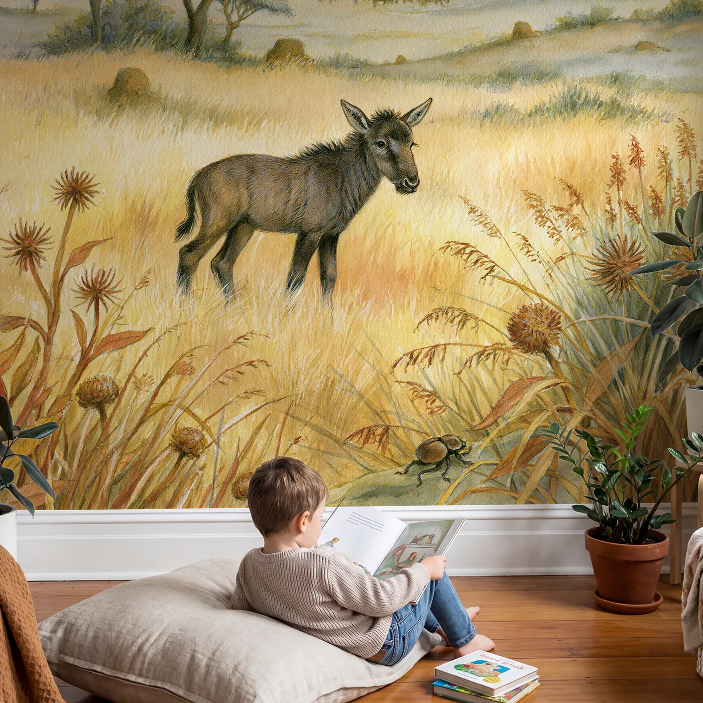 Child in nursery with Gentle Wildebeest Calf Wallpaper Mural by Whimsy Tots