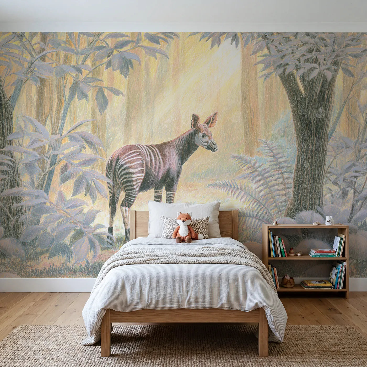 Colored-pencil wall mural of an okapi in a forest clearing by Whimsy Tots