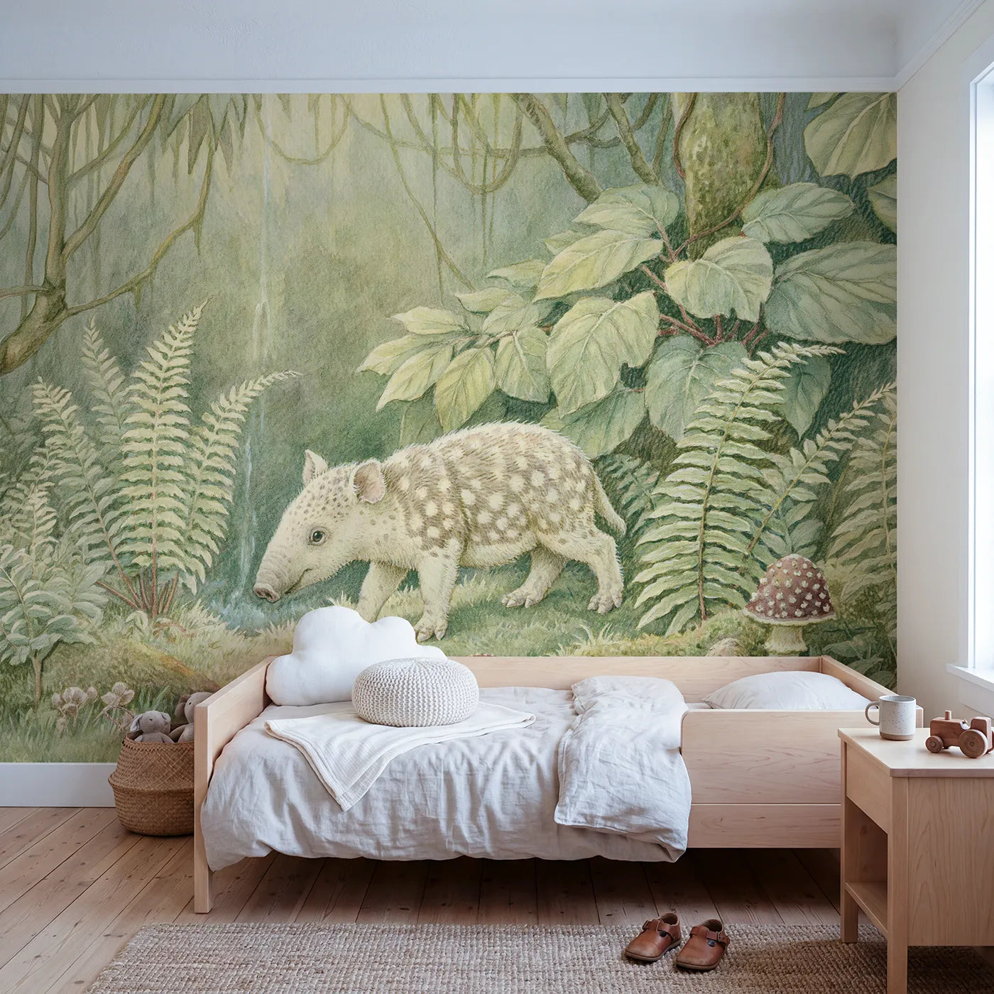 Storybook wall mural of a spotted baby tapir by Whimsy Tots