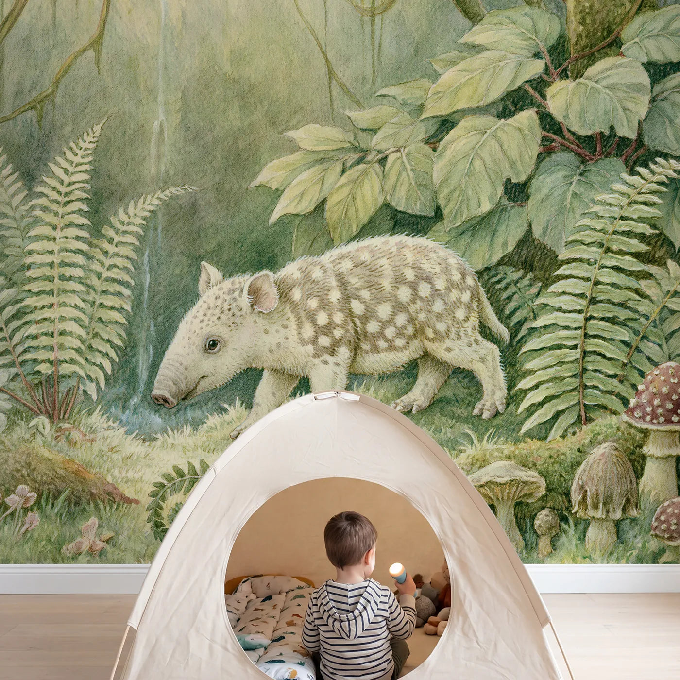 Child in nursery with Spotted Baby Tapir Wallpaper Mural by Whimsy Tots