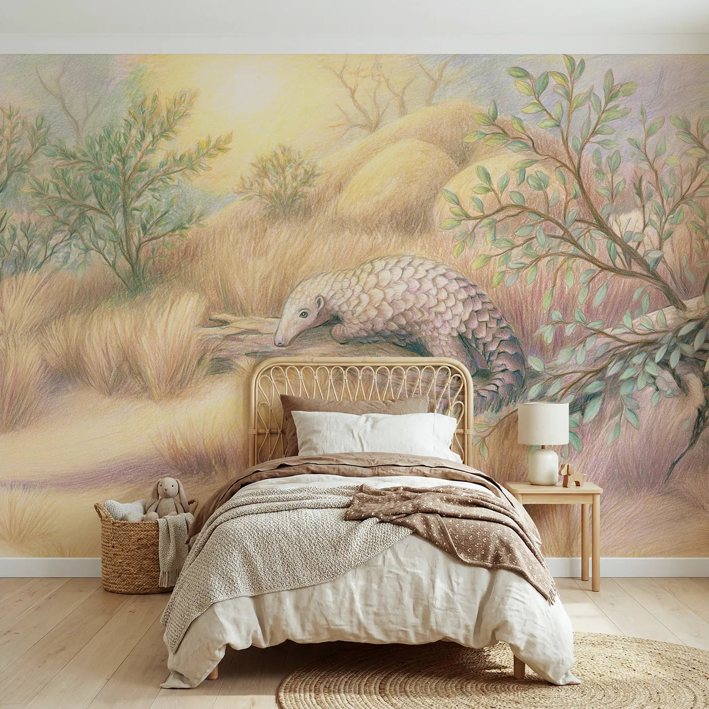 Colored-pencil wall mural of a pangolin on a log by Whimsy Tots