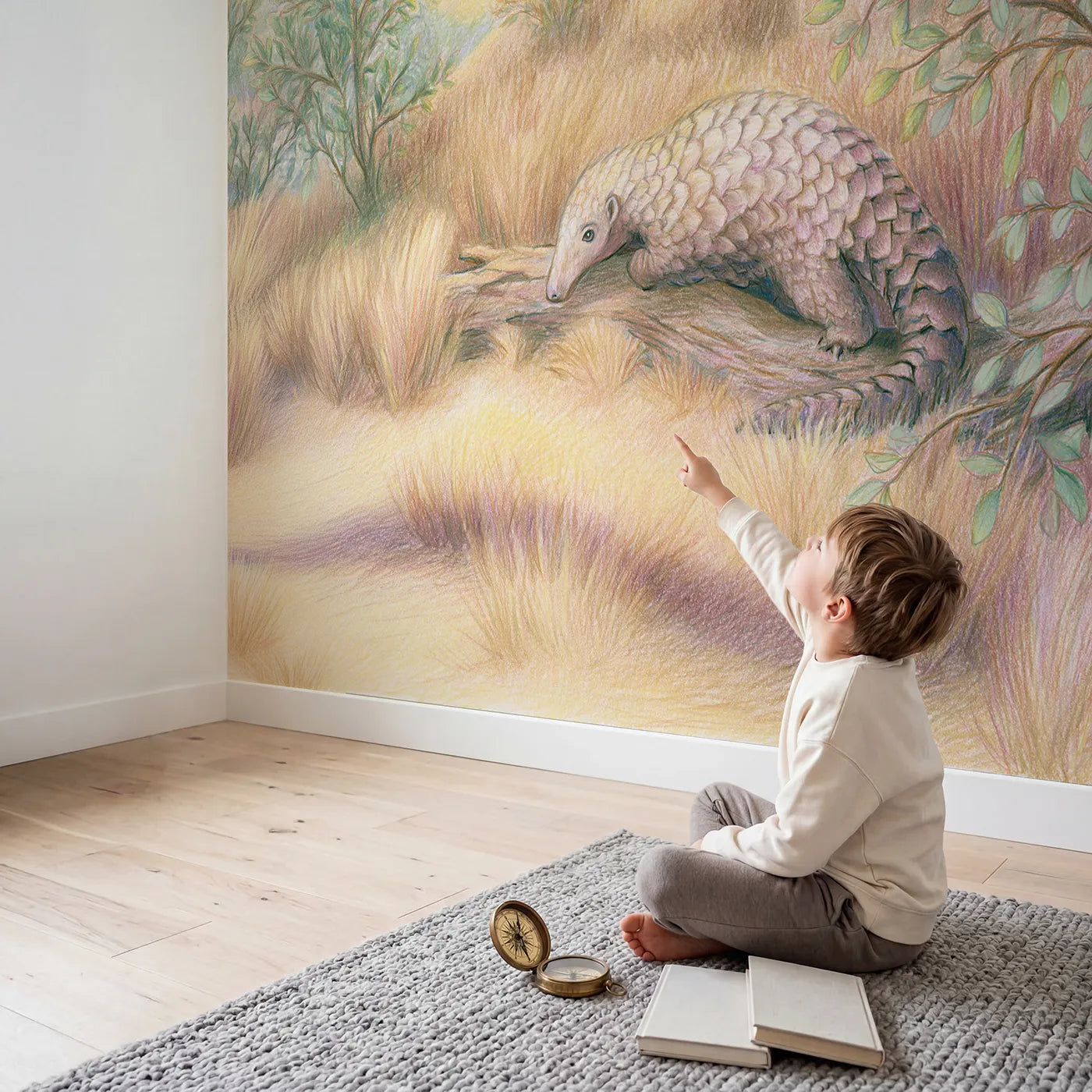 Child in nursery with Curious Pangolin Wallpaper Mural by Whimsy Tots