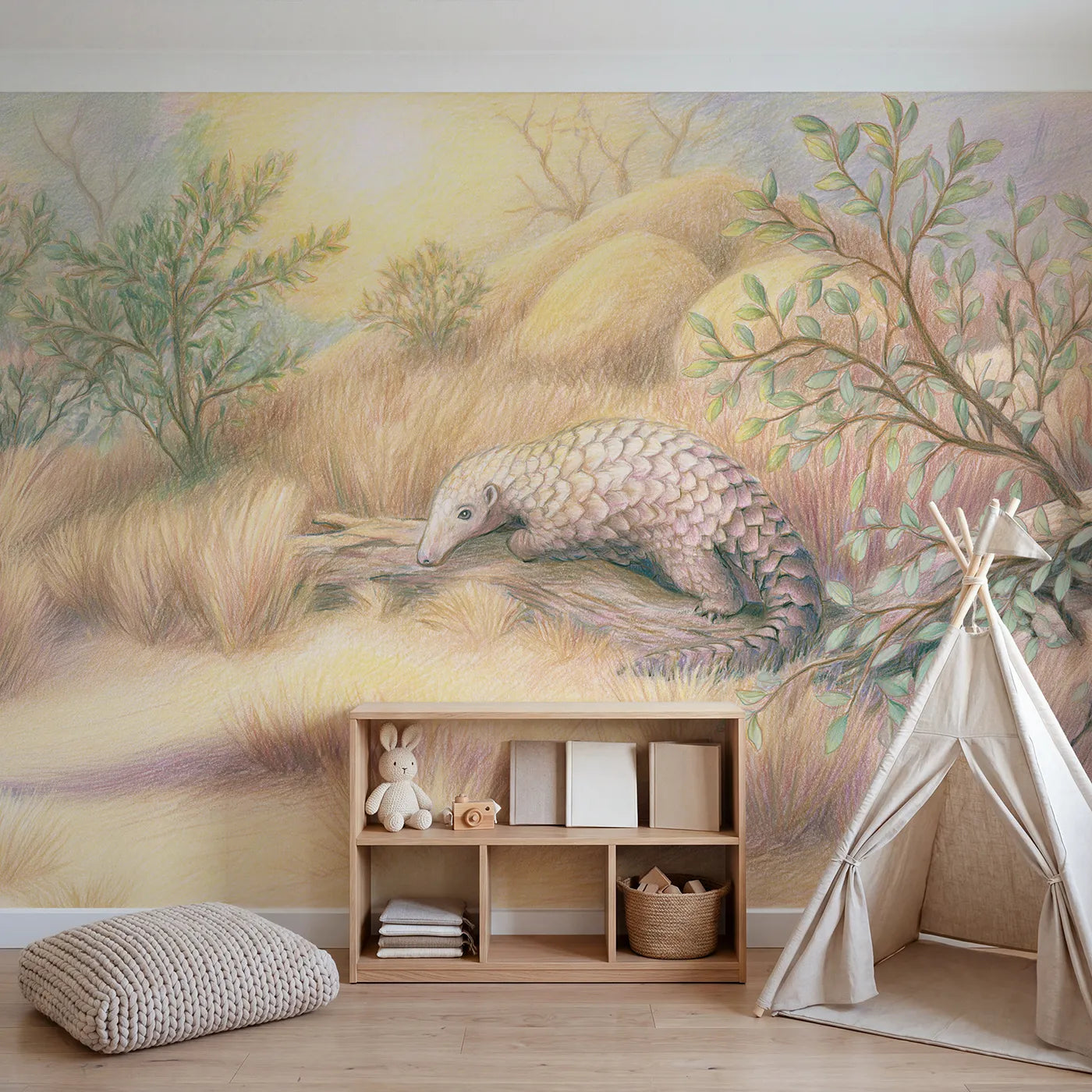 Curious Pangolin Wallpaper Mural in playroom setting by Whimsy Tots