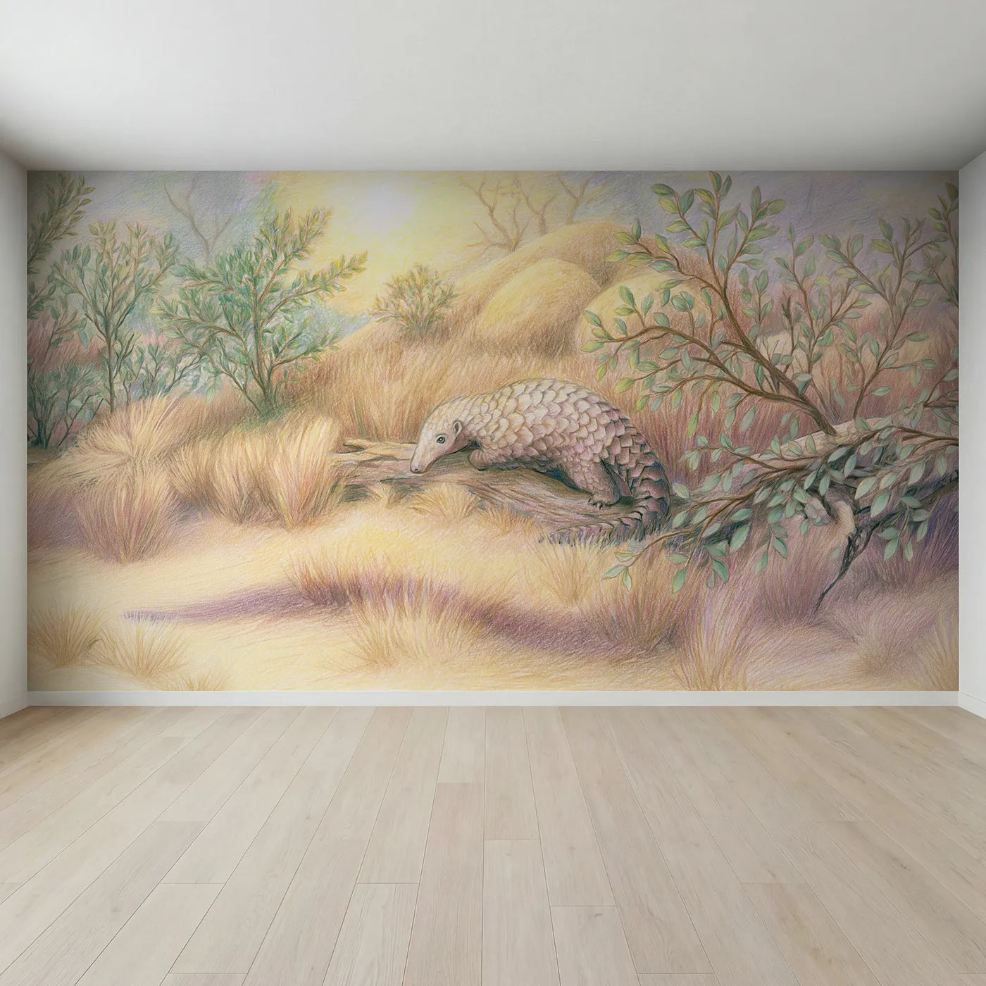 Full view of Curious Pangolin Wallpaper Mural by Whimsy Tots