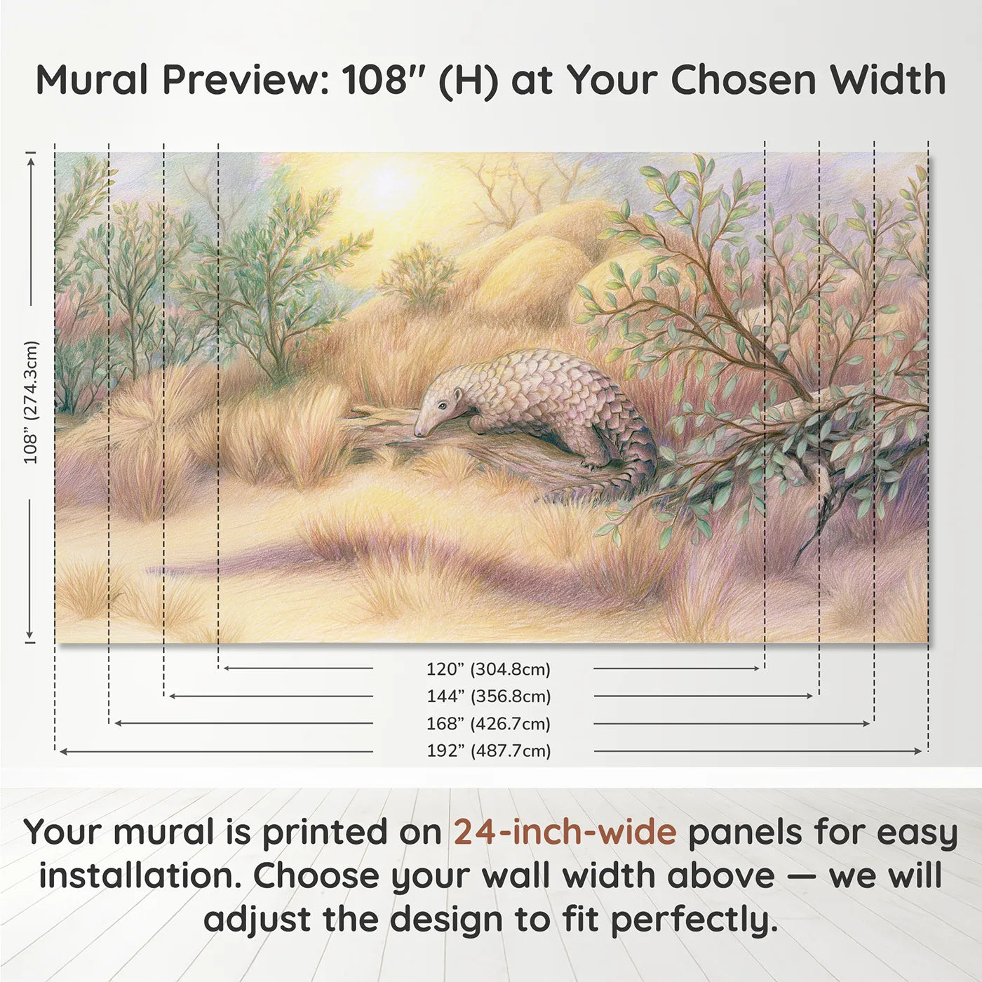 Panel layout and dimensions for Curious Pangolin Wallpaper Mural by Whimsy Tots