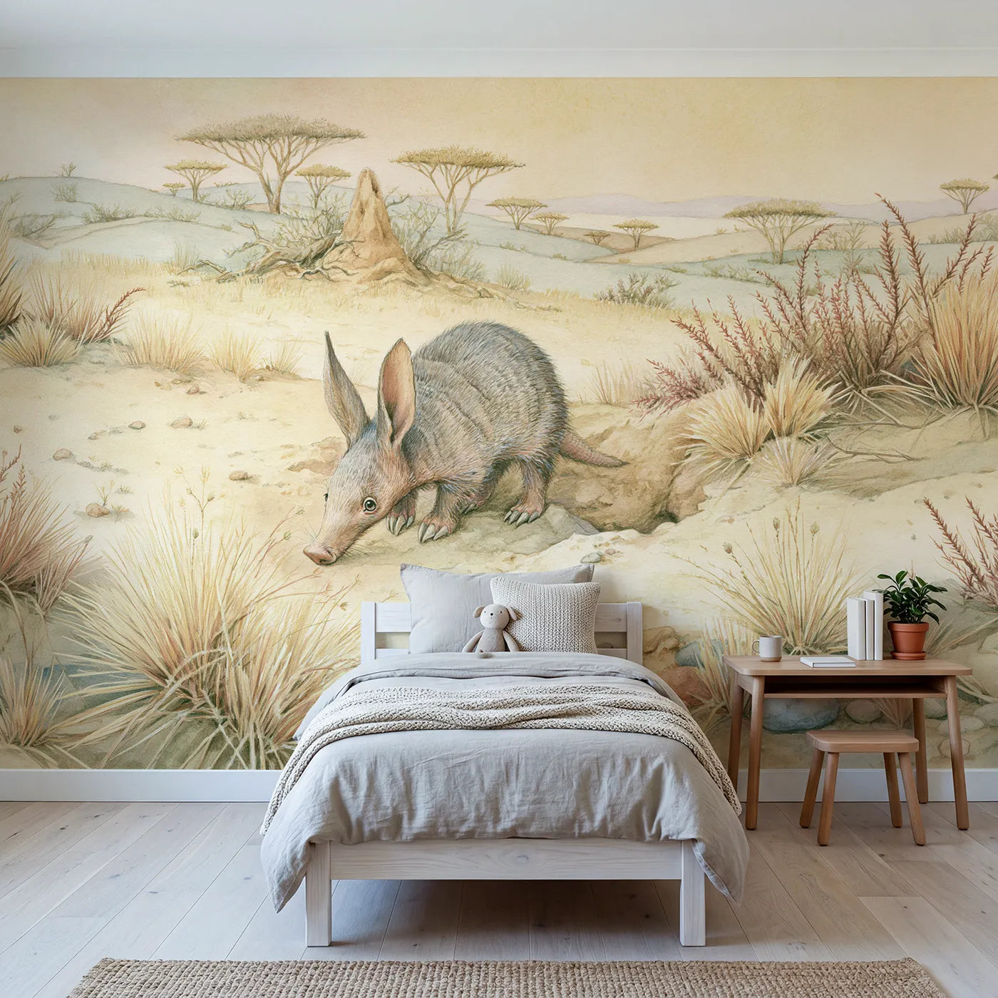 Storybook wall mural of a curious aardvark by Whimsy Tots