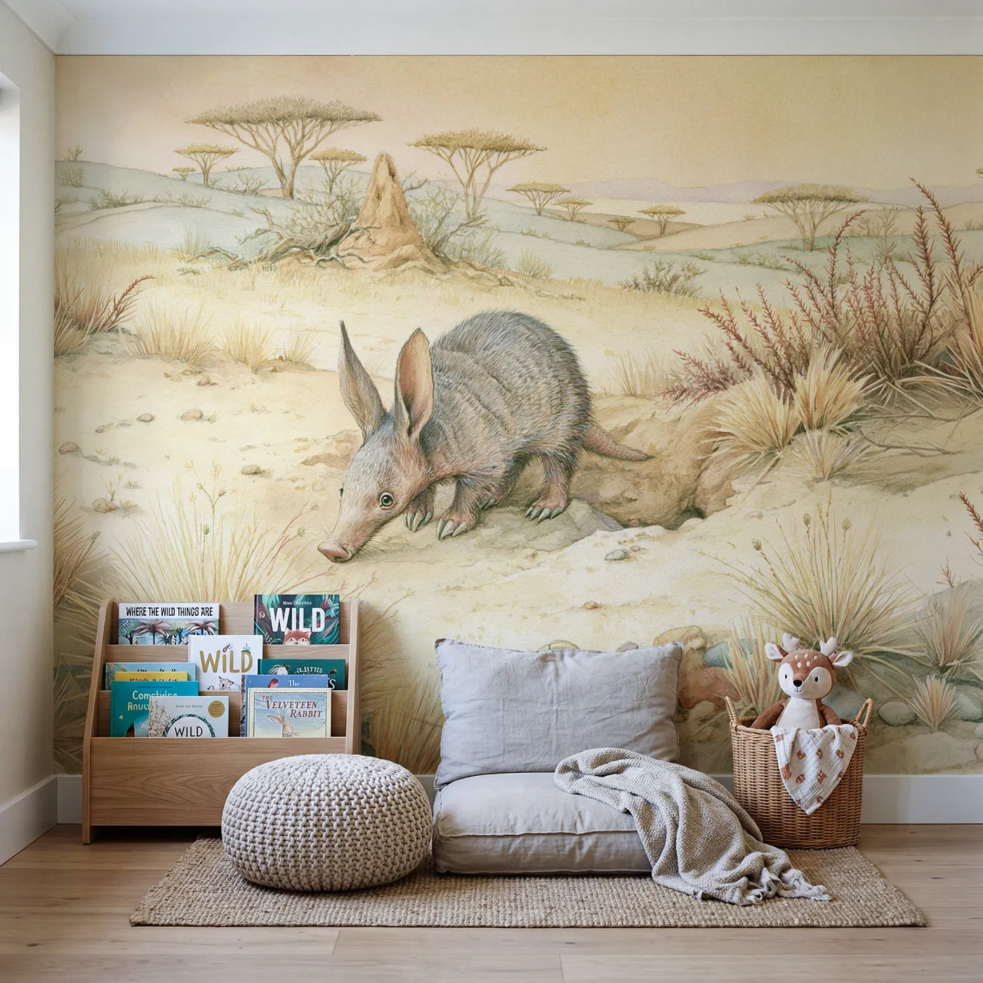 Curious Aardvark Wallpaper Mural in playroom setting by Whimsy Tots