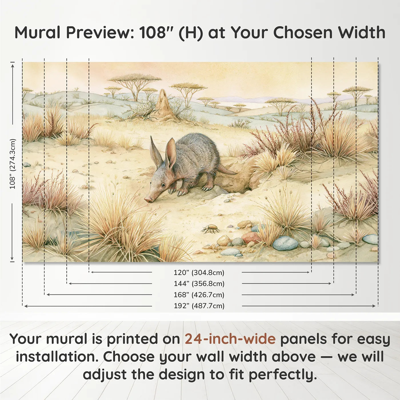Panel layout and dimensions for Curious Aardvark Wallpaper Mural by Whimsy Tots