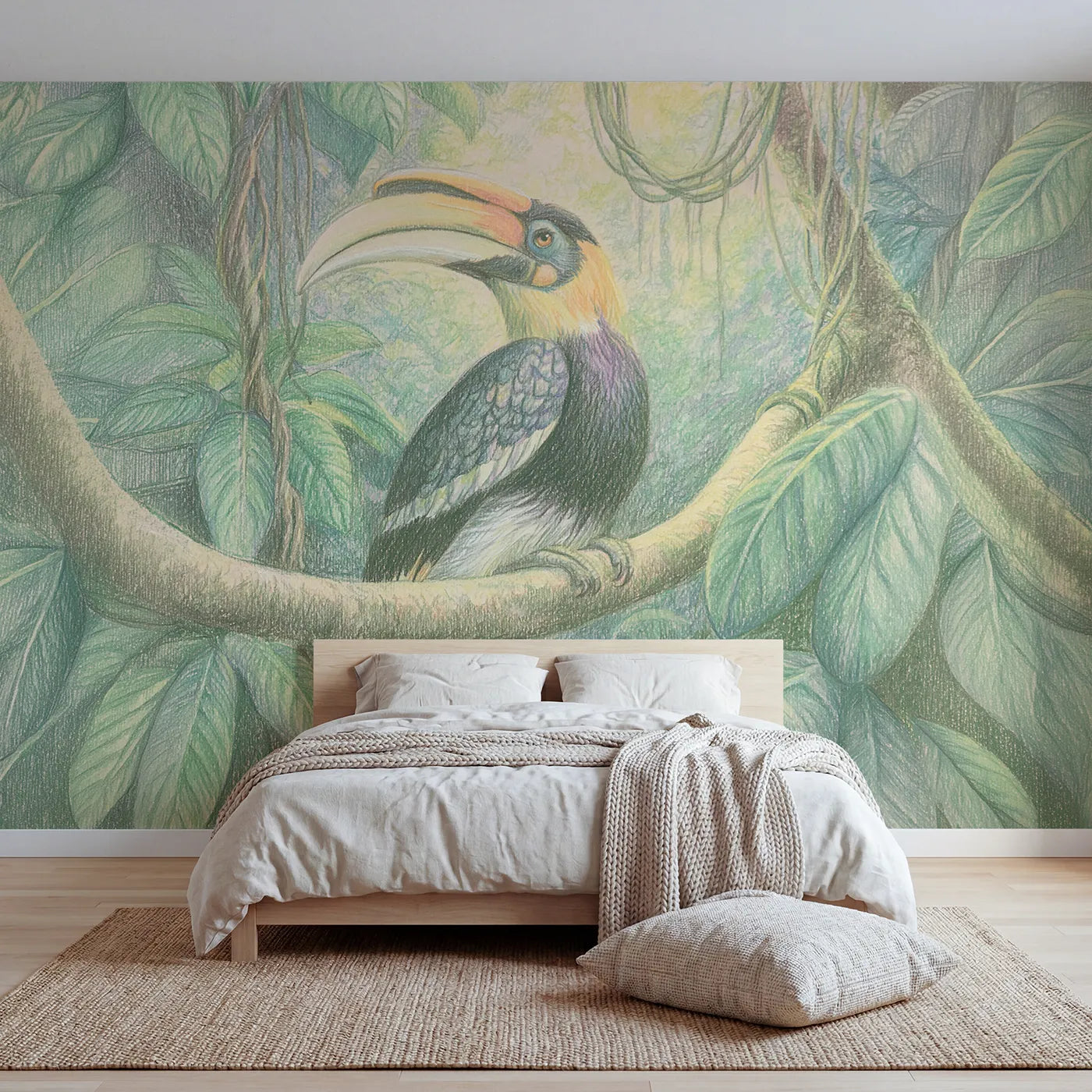 Colored-pencil wall mural of a perched hornbill by Whimsy Tots
