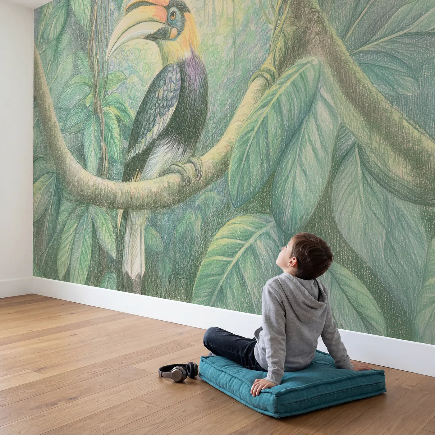 Child in nursery with Perched Hornbill Wallpaper Mural by Whimsy Tots