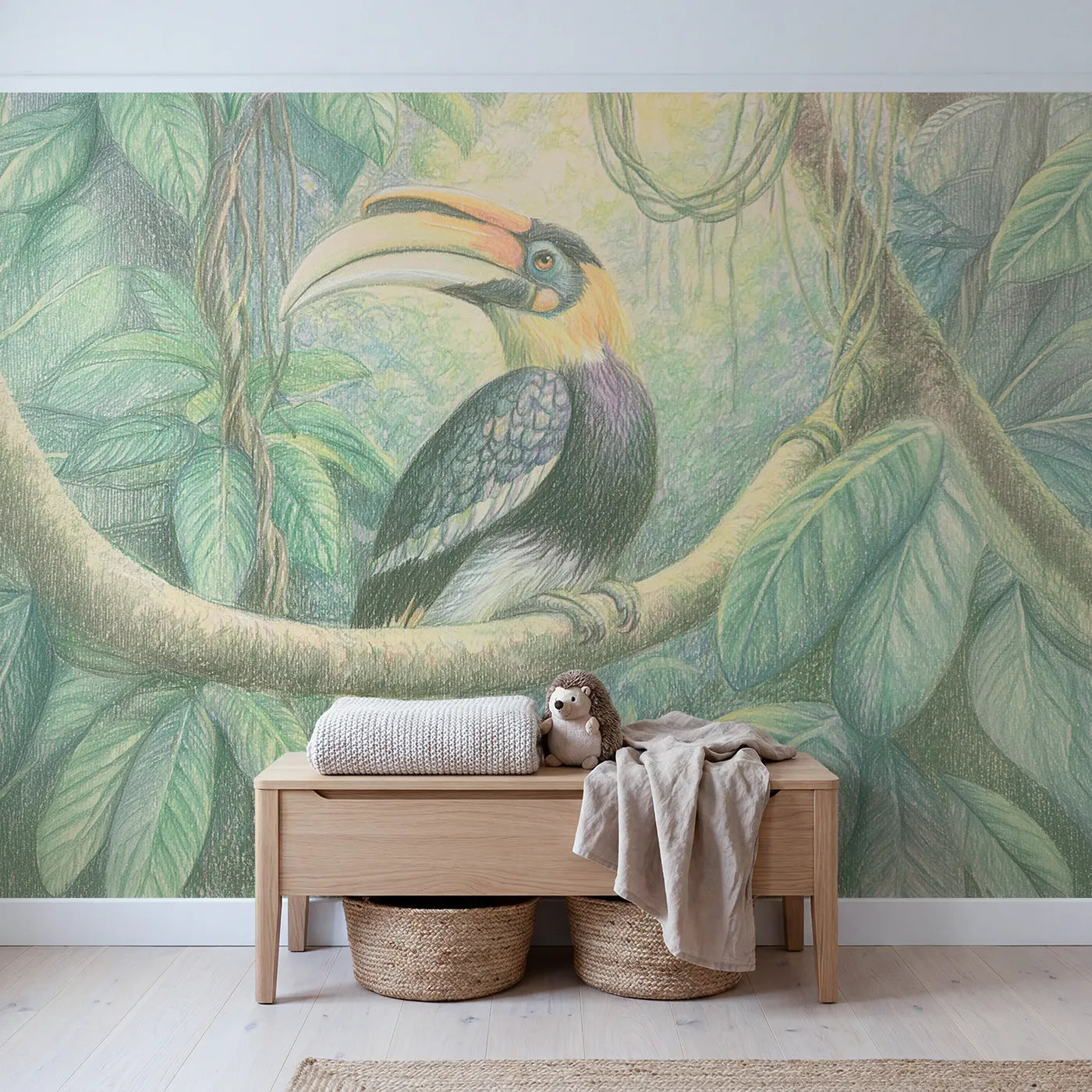 Perched Hornbill Wallpaper Mural in playroom setting by Whimsy Tots