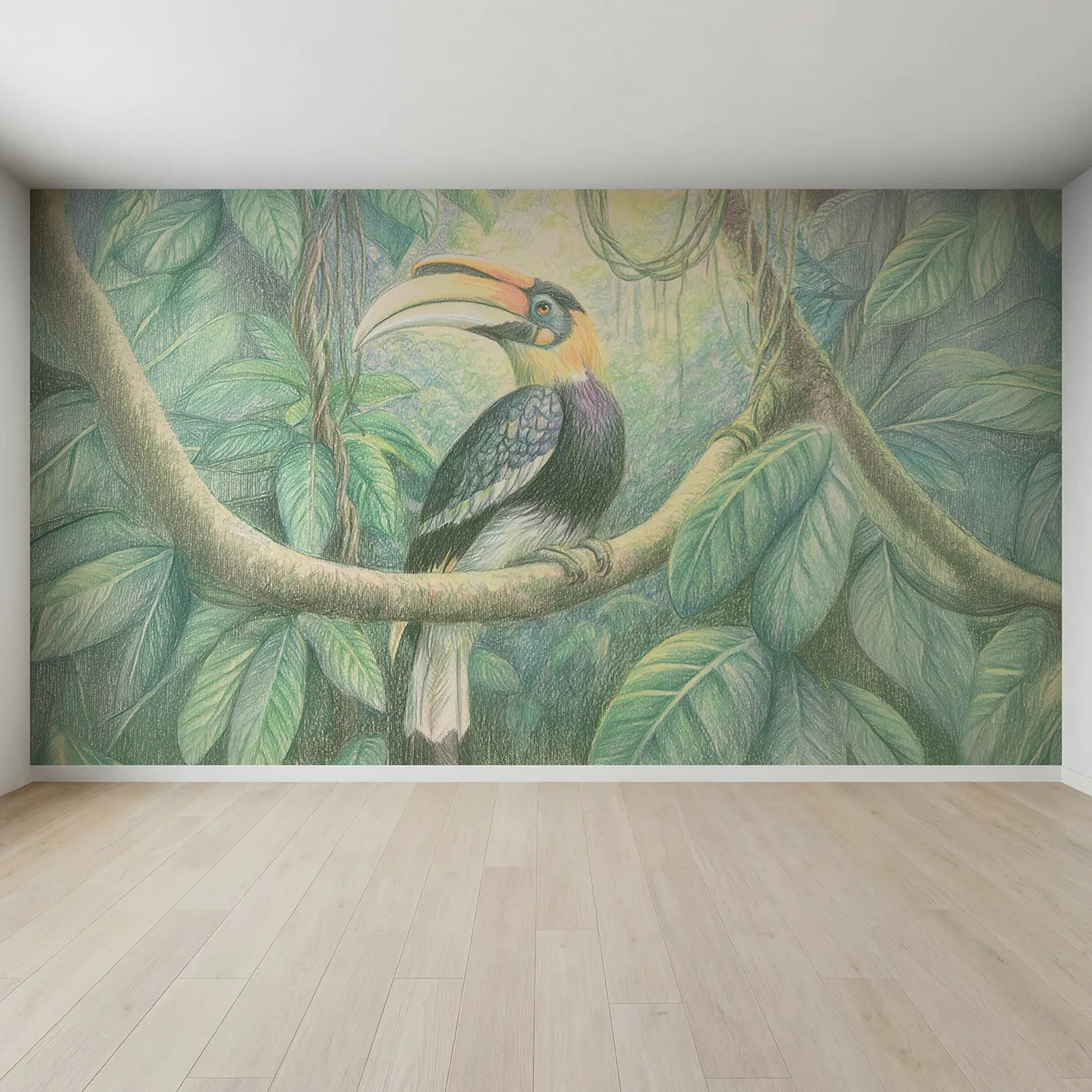 Full view of Perched Hornbill Wallpaper Mural by Whimsy Tots