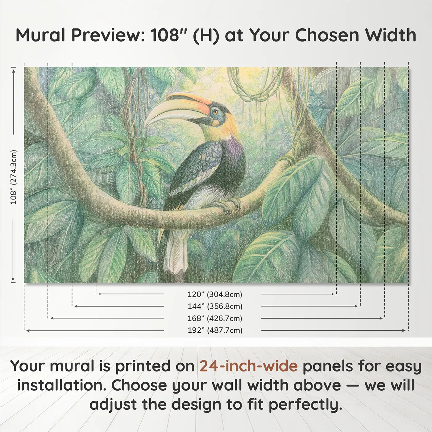Panel layout and dimensions for Perched Hornbill Wallpaper Mural by Whimsy Tots