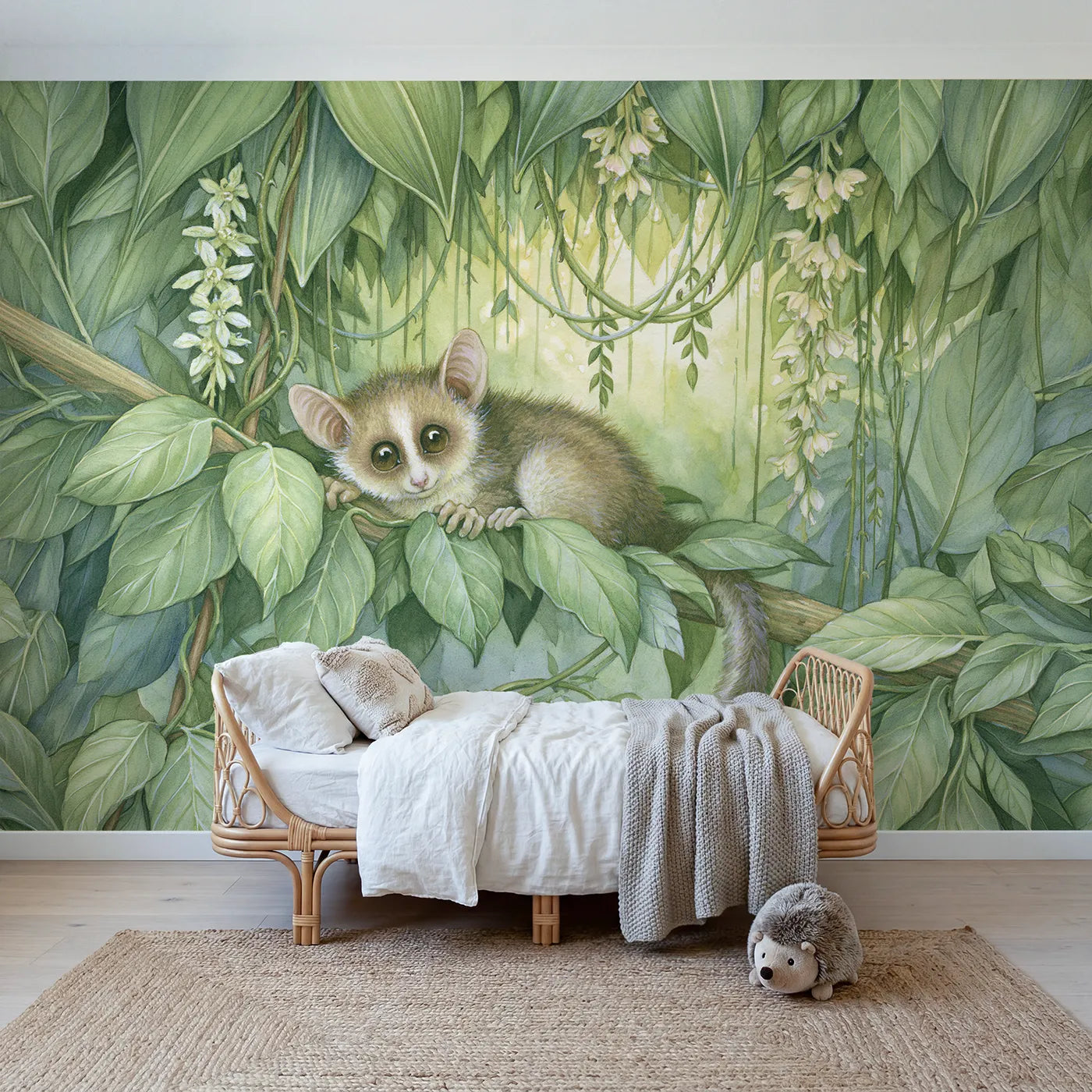 Storybook wall mural of a little bush baby by Whimsy Tots