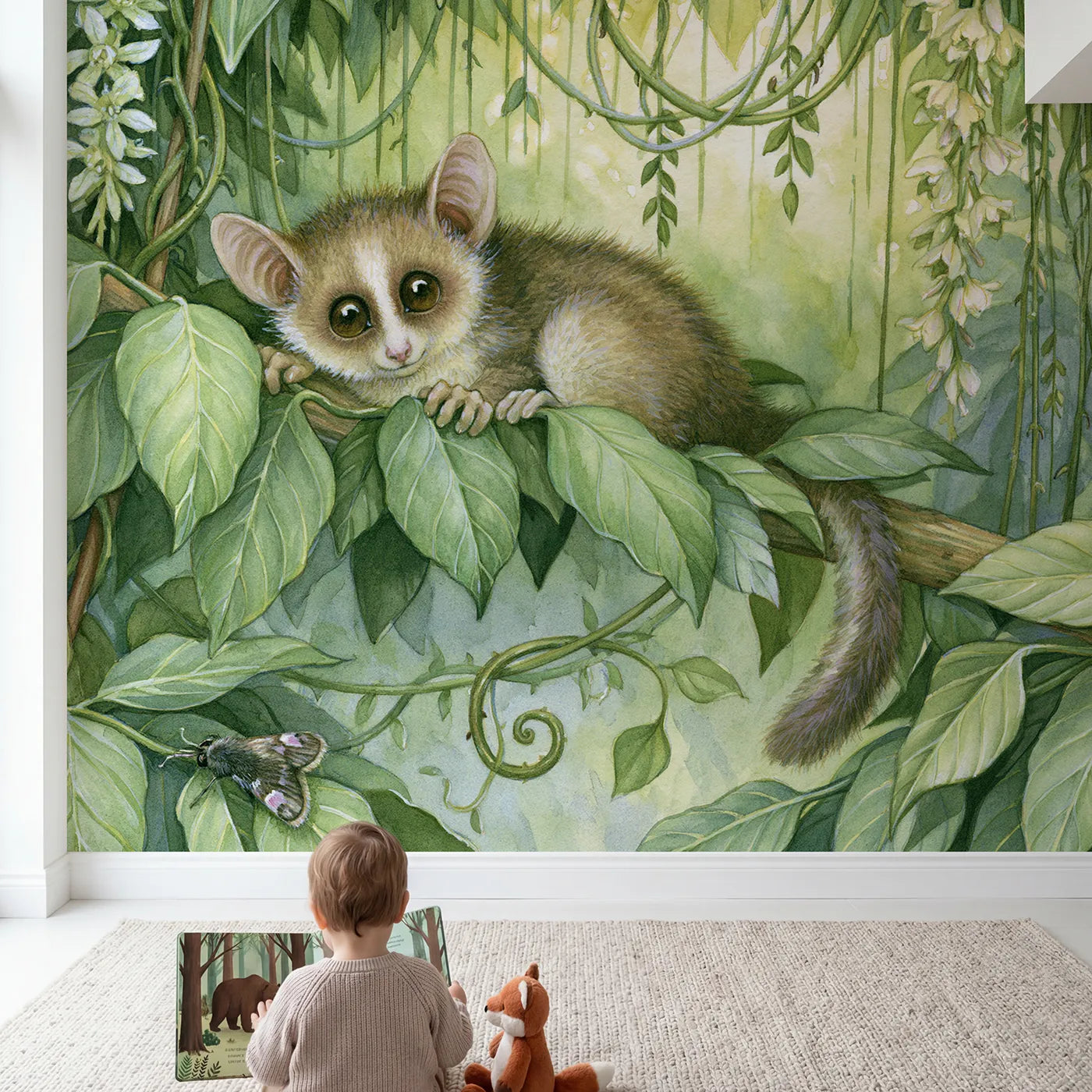 Child in nursery with Little Bush Baby Wallpaper Mural by Whimsy Tots