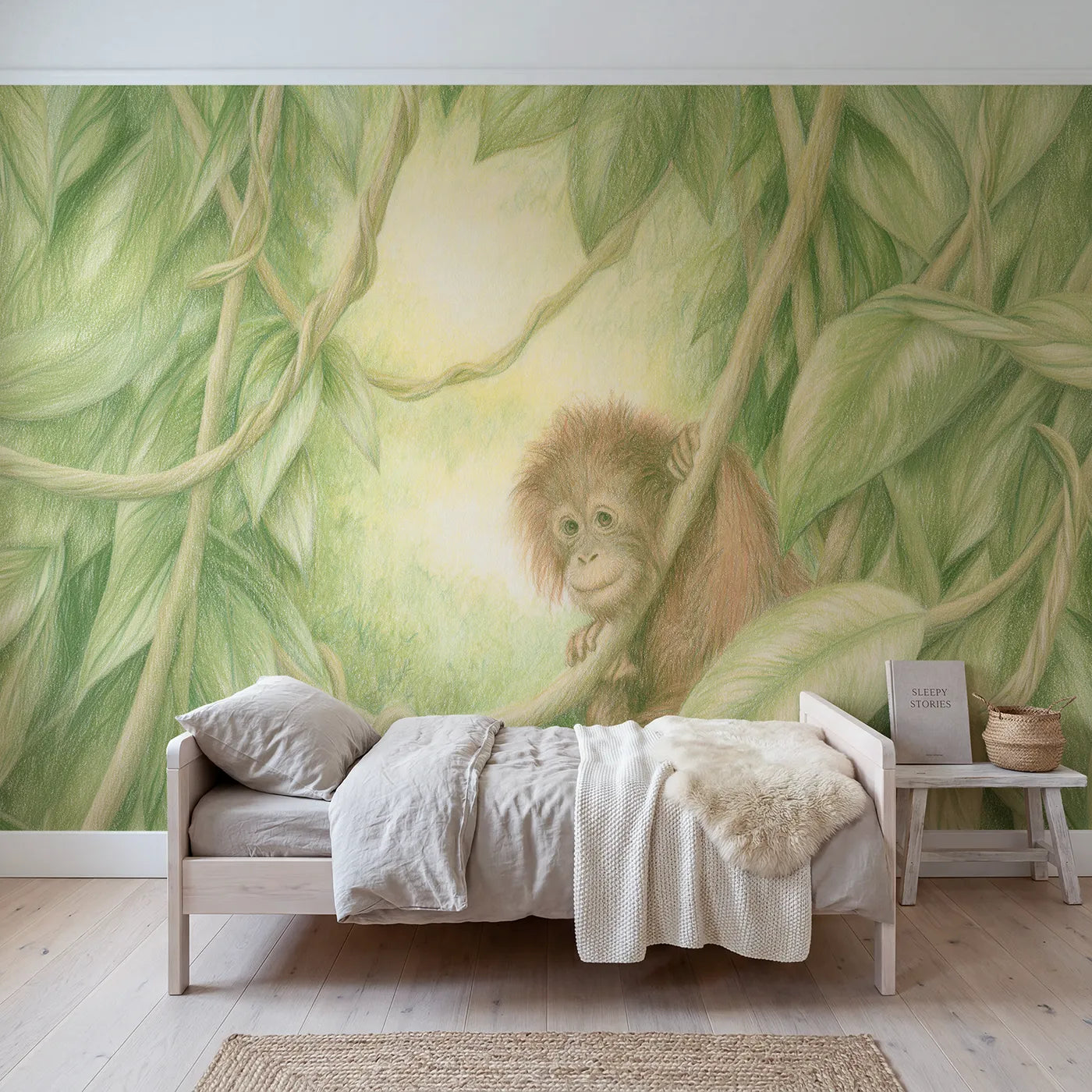 Colored-pencil wall mural of a baby orangutan on a vine by Whimsy Tots