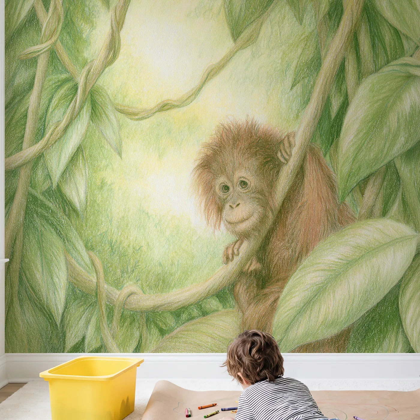Child in nursery with Baby Orangutan Wallpaper Mural by Whimsy Tots