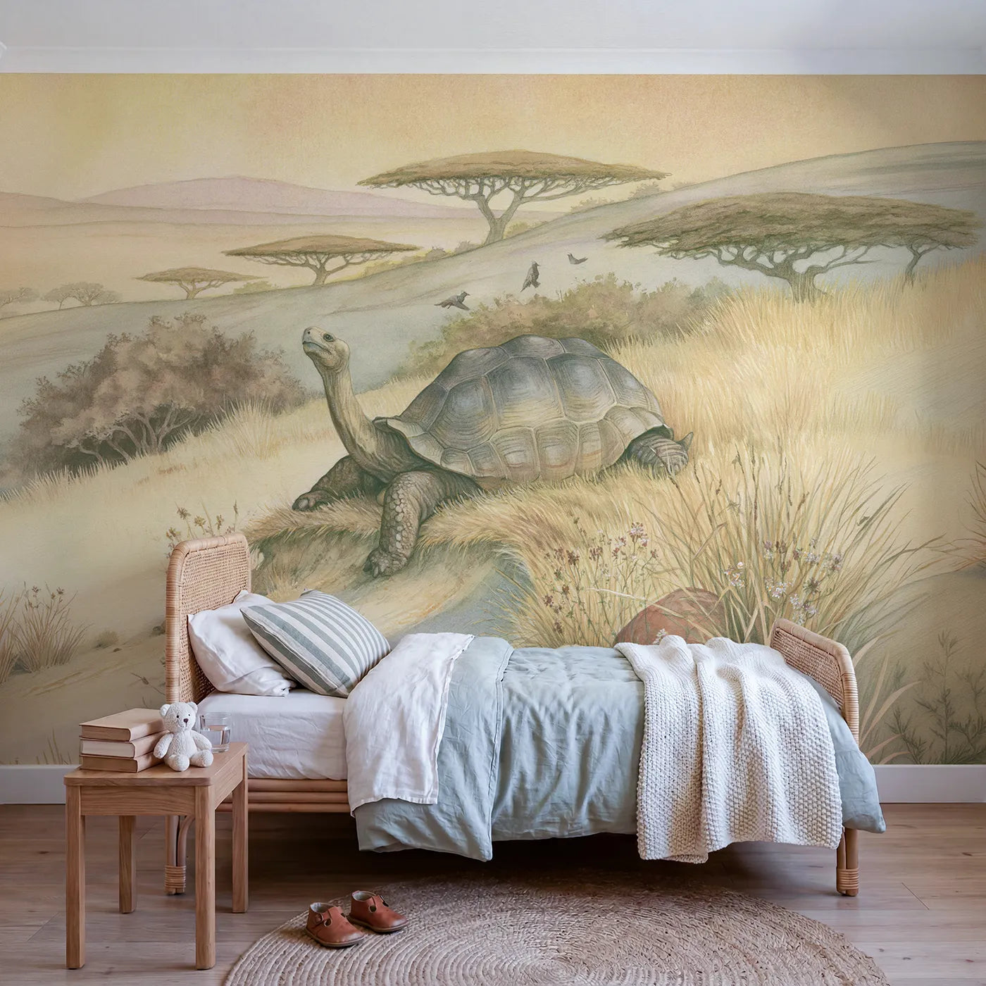 Storybook wall mural of a gentle giant tortoise by Whimsy Tots