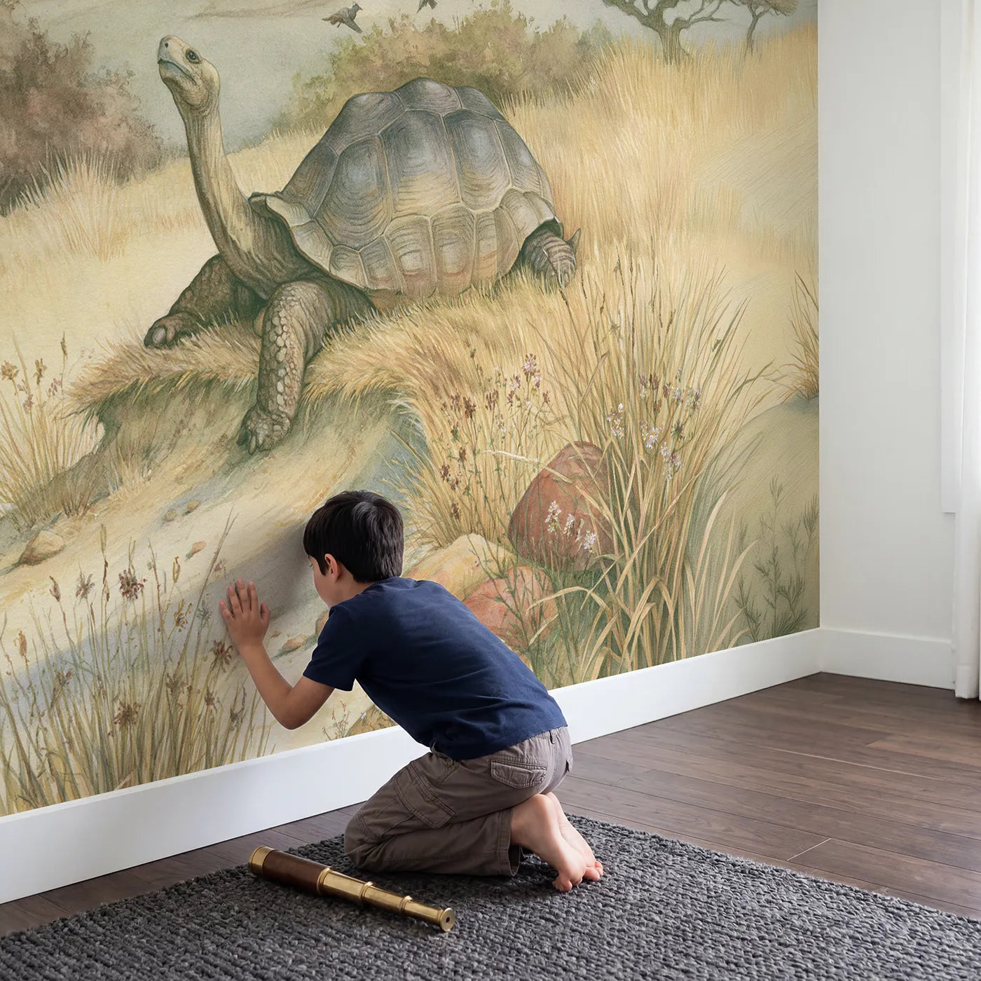 Child in nursery with Gentle Giant Tortoise Wallpaper Mural by Whimsy Tots