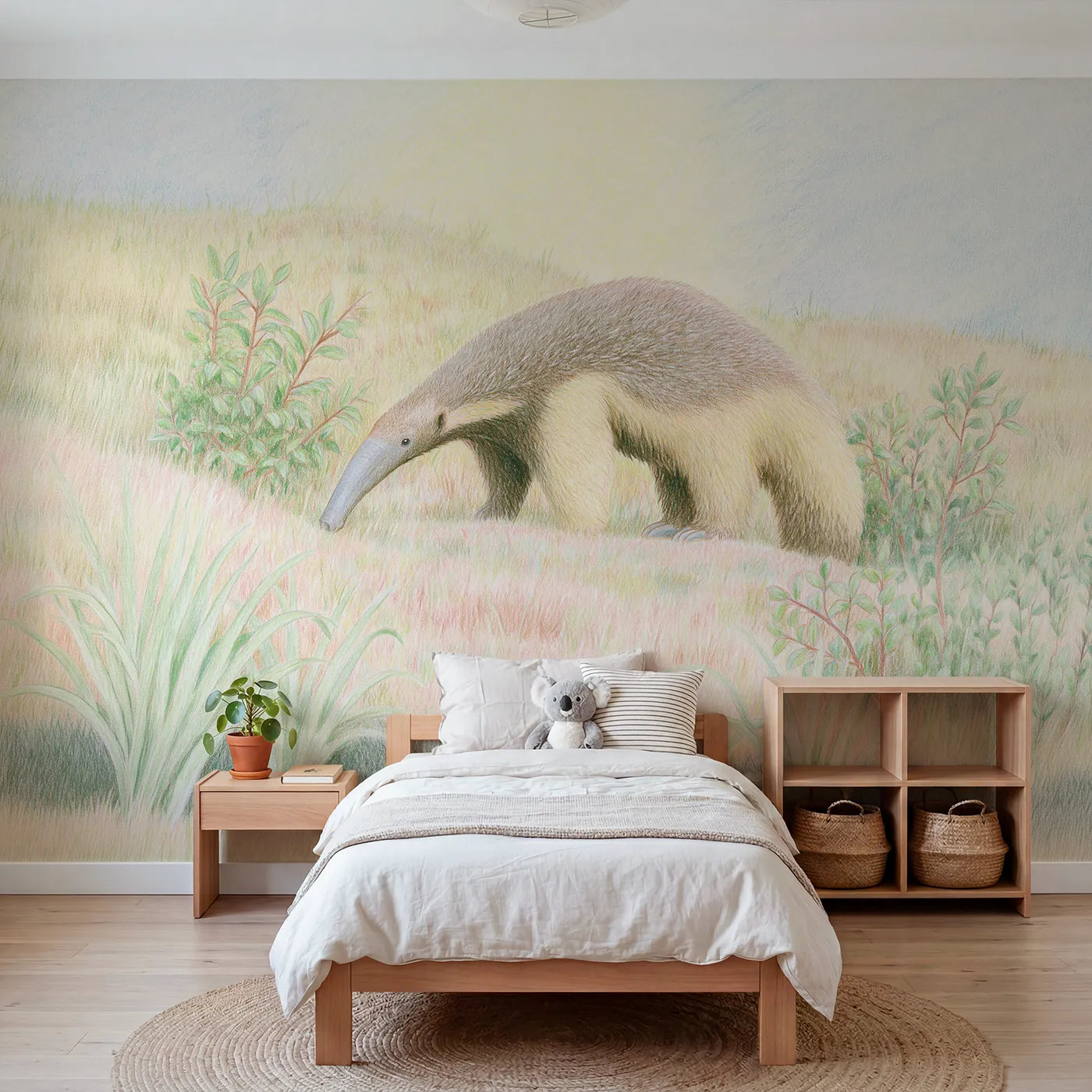 Colored-pencil wall mural of a gentle anteater by Whimsy Tots