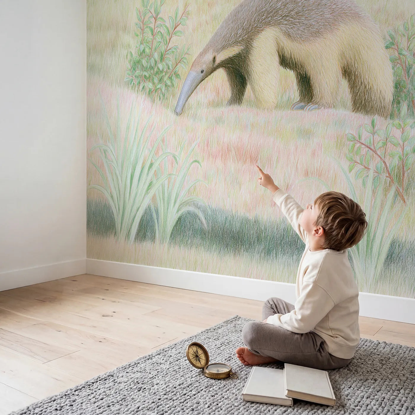 Child in nursery with Gentle Anteater Wallpaper Mural by Whimsy Tots