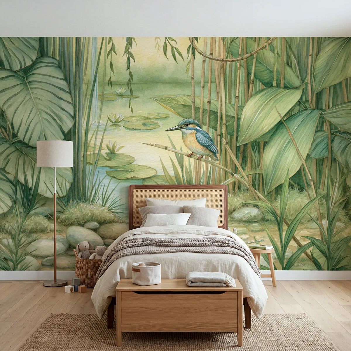 Storybook wall mural of a bright kingfisher on a reed by Whimsy Tots