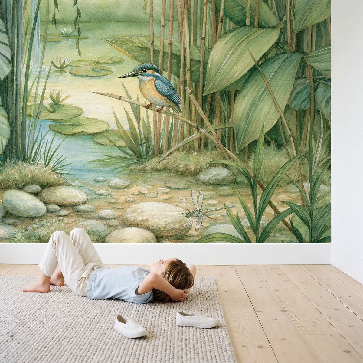 Child in nursery with Bright Kingfisher Wallpaper Mural by Whimsy Tots